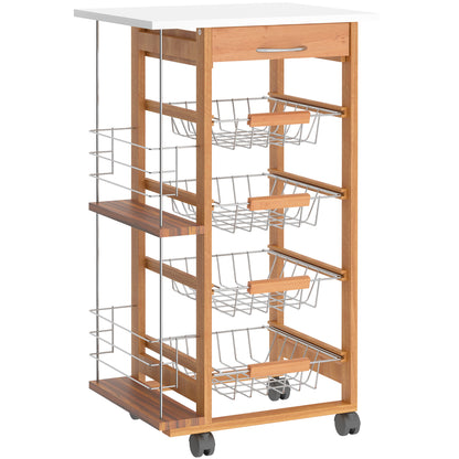 Kitchen Trolley with Wheels Multi-Purpose Cart with Drawer 4 Removable Metal Baskets and Side Racks 47x37x83 cm Natural Wood