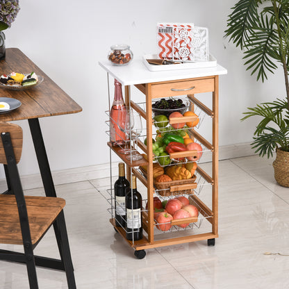 Kitchen Trolley with Wheels Multi-Purpose Cart with Drawer 4 Removable Metal Baskets and Side Racks 47x37x83 cm Natural Wood