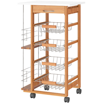 Kitchen Trolley with Wheels Multi-Purpose Cart with Drawer 4 Removable Metal Baskets and Side Racks 47x37x83 cm Natural Wood
