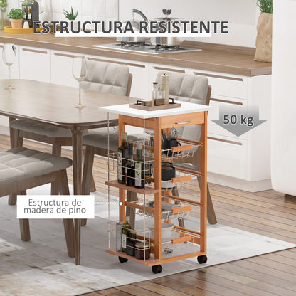 Kitchen Trolley with Wheels Multi-Purpose Cart with Drawer 4 Removable Metal Baskets and Side Racks 47x37x83 cm Natural Wood