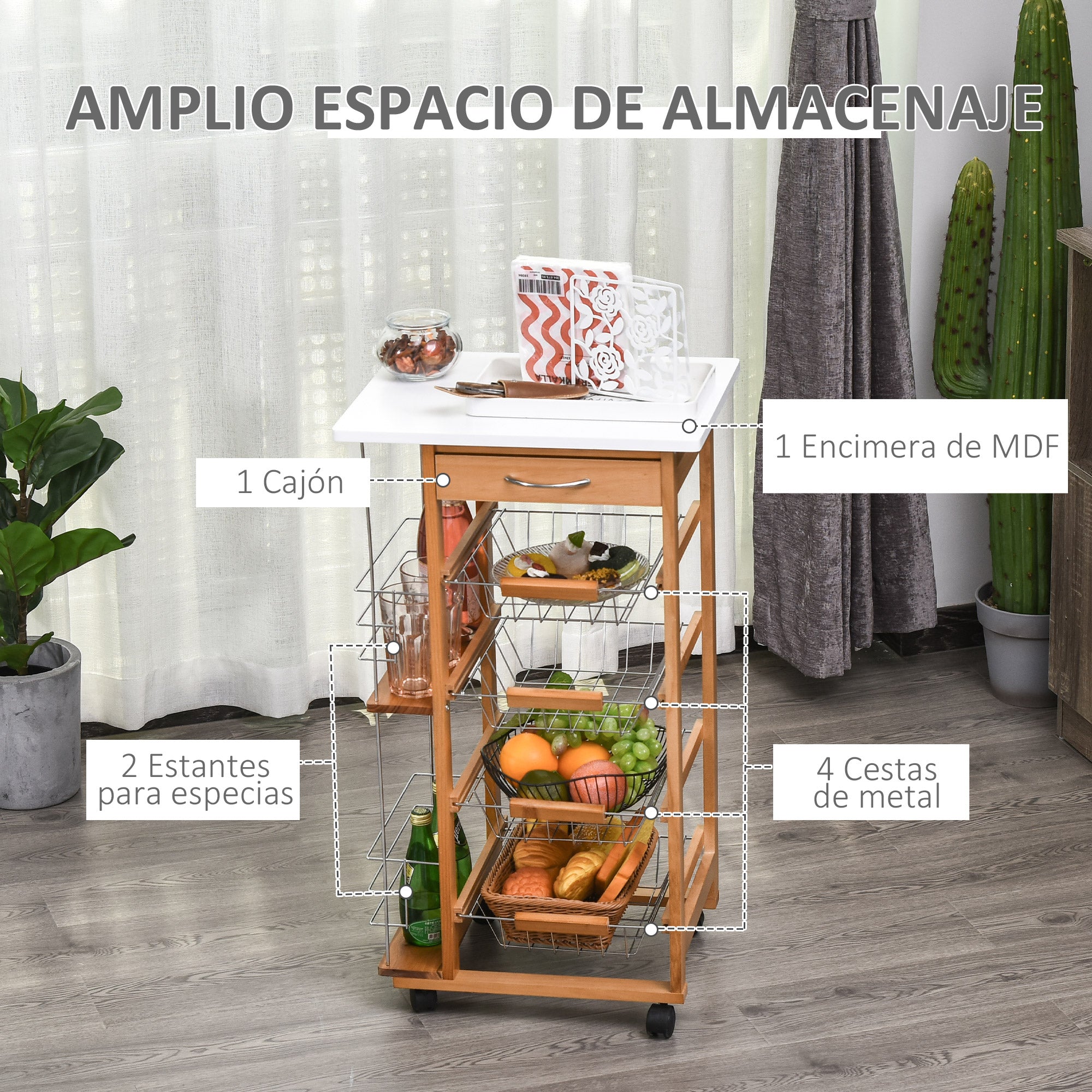 Kitchen Trolley with Wheels Multi-Purpose Cart with Drawer 4 Removable Metal Baskets and Side Racks 47x37x83 cm Natural Wood