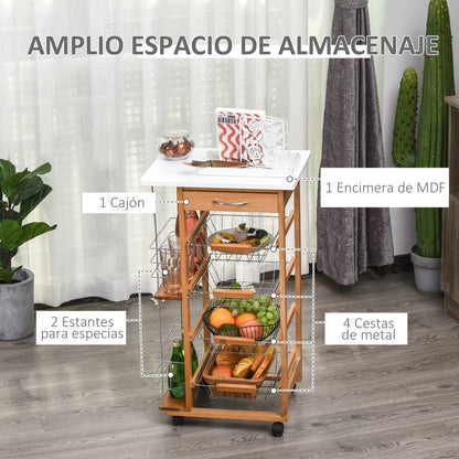 Kitchen Trolley with Wheels Multi-Purpose Cart with Drawer 4 Removable Metal Baskets and Side Racks 47x37x83 cm Natural Wood