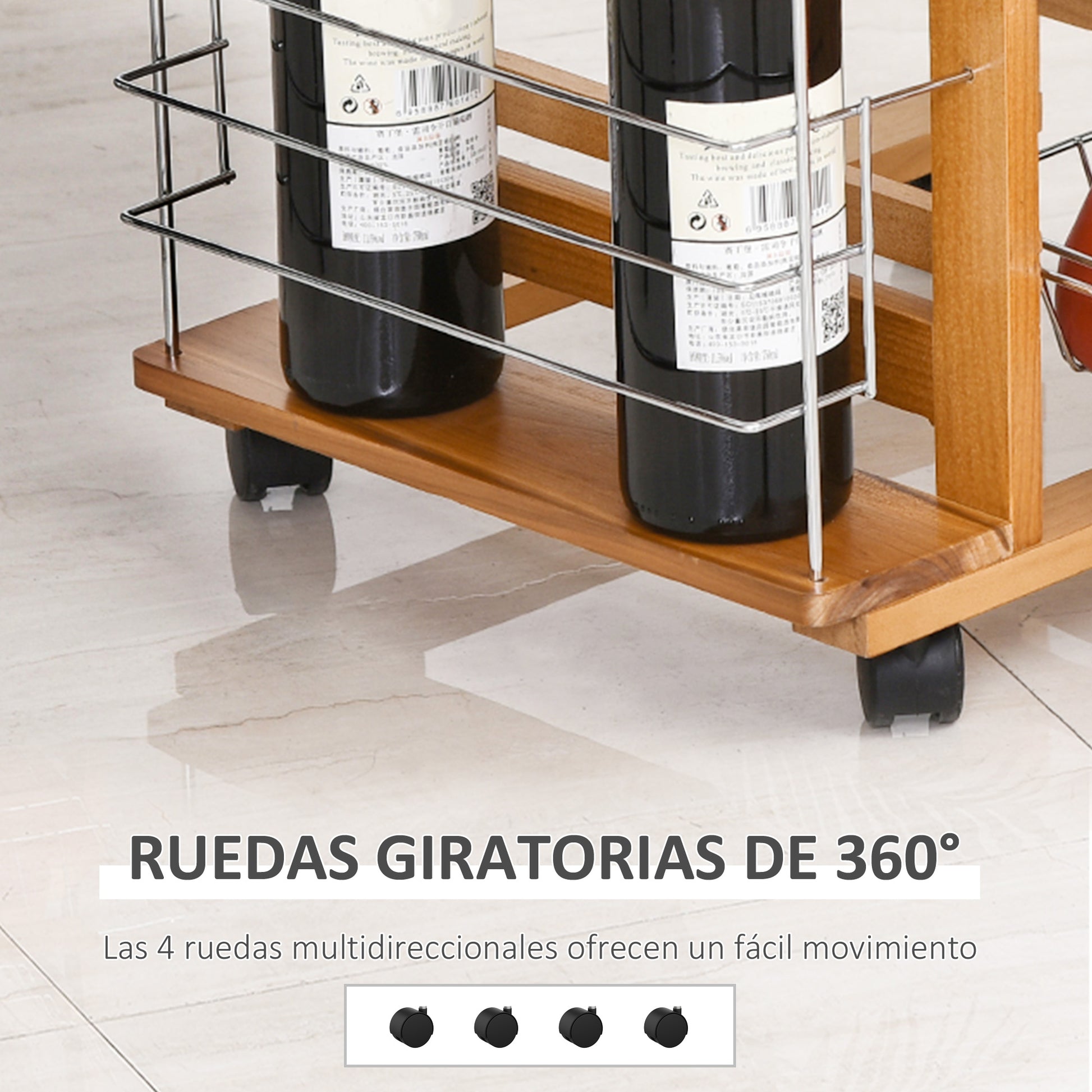 Kitchen Trolley with Wheels Multi-Purpose Cart with Drawer 4 Removable Metal Baskets and Side Racks 47x37x83 cm Natural Wood