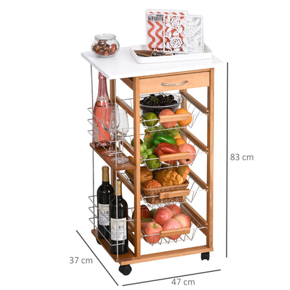 Kitchen Trolley with Wheels Multi-Purpose Cart with Drawer 4 Removable Metal Baskets and Side Racks 47x37x83 cm Natural Wood