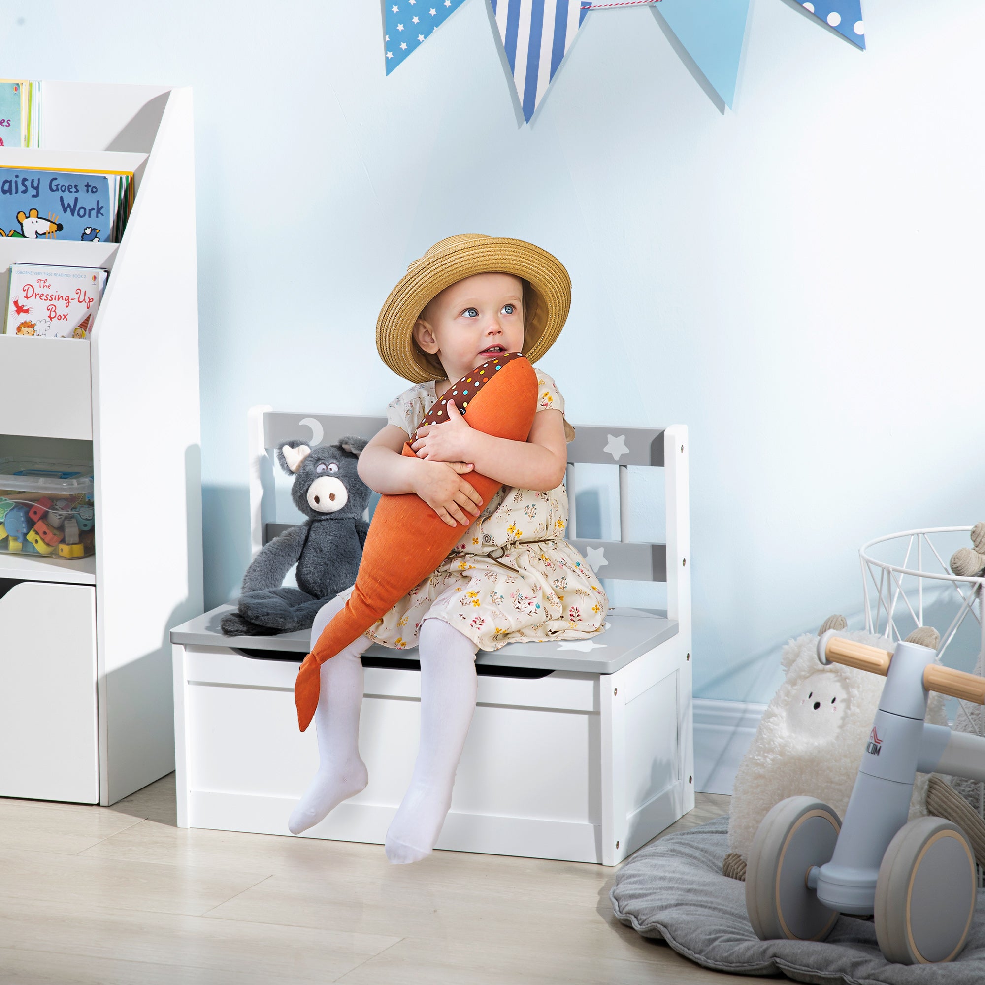 ZONEKIZ 2-in-1 Toy Chest for Children 18+ Months Kids Storage Bench with Slow-Close Lid for Bedroom Playroom Holds 110 lbs 23.6x11.8x19.7 inches Gray and White