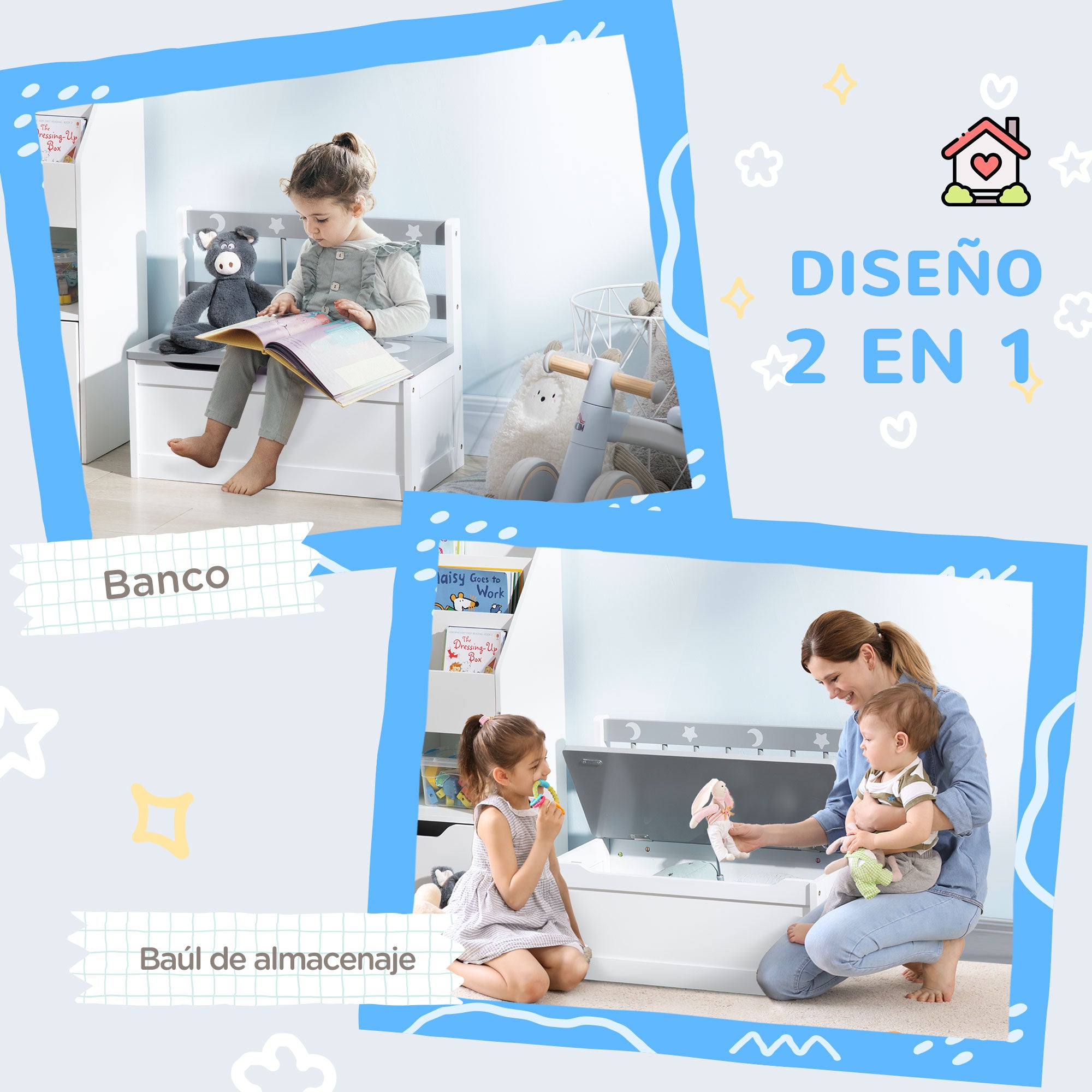 ZONEKIZ 2-in-1 Toy Chest for Children 18+ Months Kids Storage Bench with Slow-Close Lid for Bedroom Playroom Holds 110 lbs 23.6x11.8x19.7 inches Gray and White
