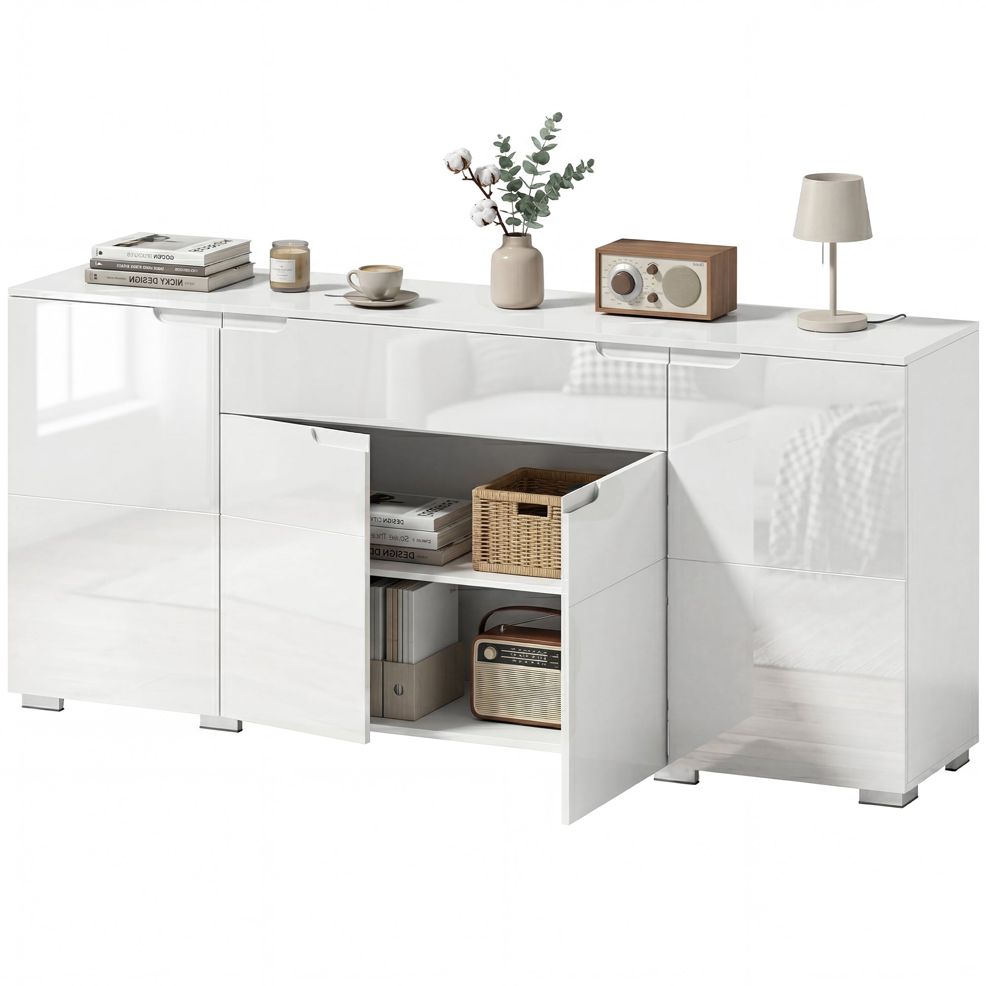 High-Gloss Sideboard — Modern 4-Door Buffet Cabinet with Adjustable Shelves & Soft-Close Doors, White