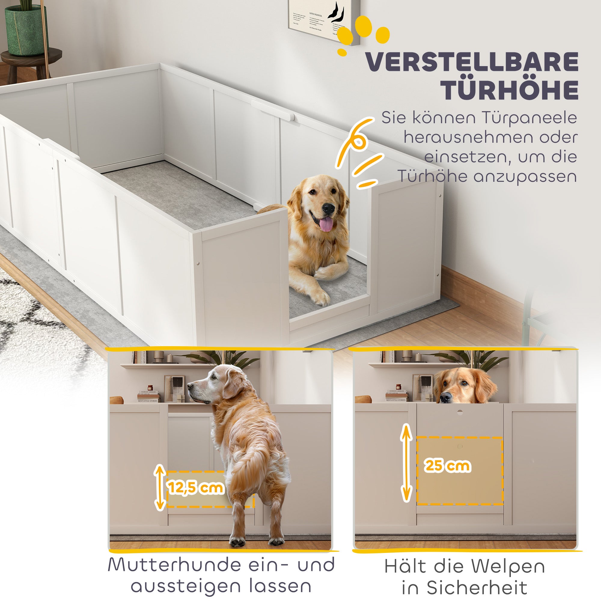 Whelping Box for Puppies, Puppy Pen with Adjustable Door, Non-Slip Dog Playpen, Puppy Playpen, Puppy Whelping Box for Small to Large Dogs, 196x96x48 cm, White
