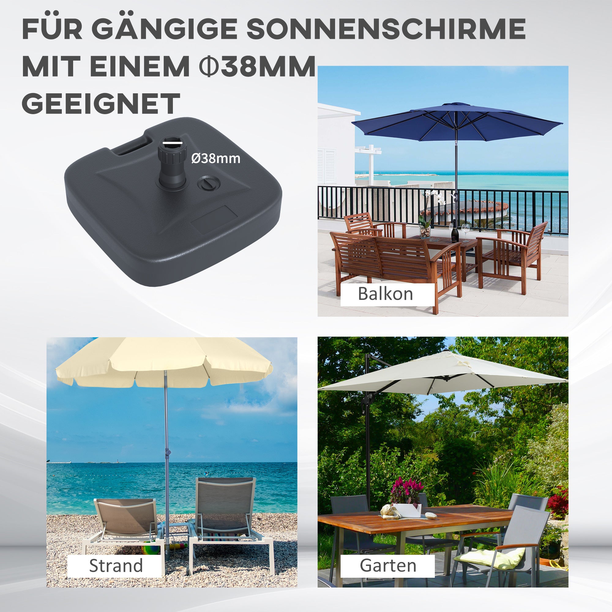 Umbrella Stand Base Fillable with Sand Water Rounded Corners HDPE Plastic Black 46 x 45 x 26 cm up to 30 kg Net Weight 1.6Kg