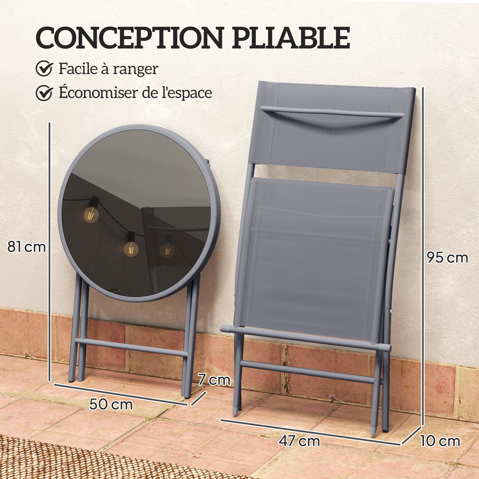 3-Piece Metal Foldable Bistro Set, 2 Chairs and 1 Round Table, Outdoor Garden 2-Person Dining Set, Outdoor Garden Table with Chairs for Garden, Patio, Balcony, Gray