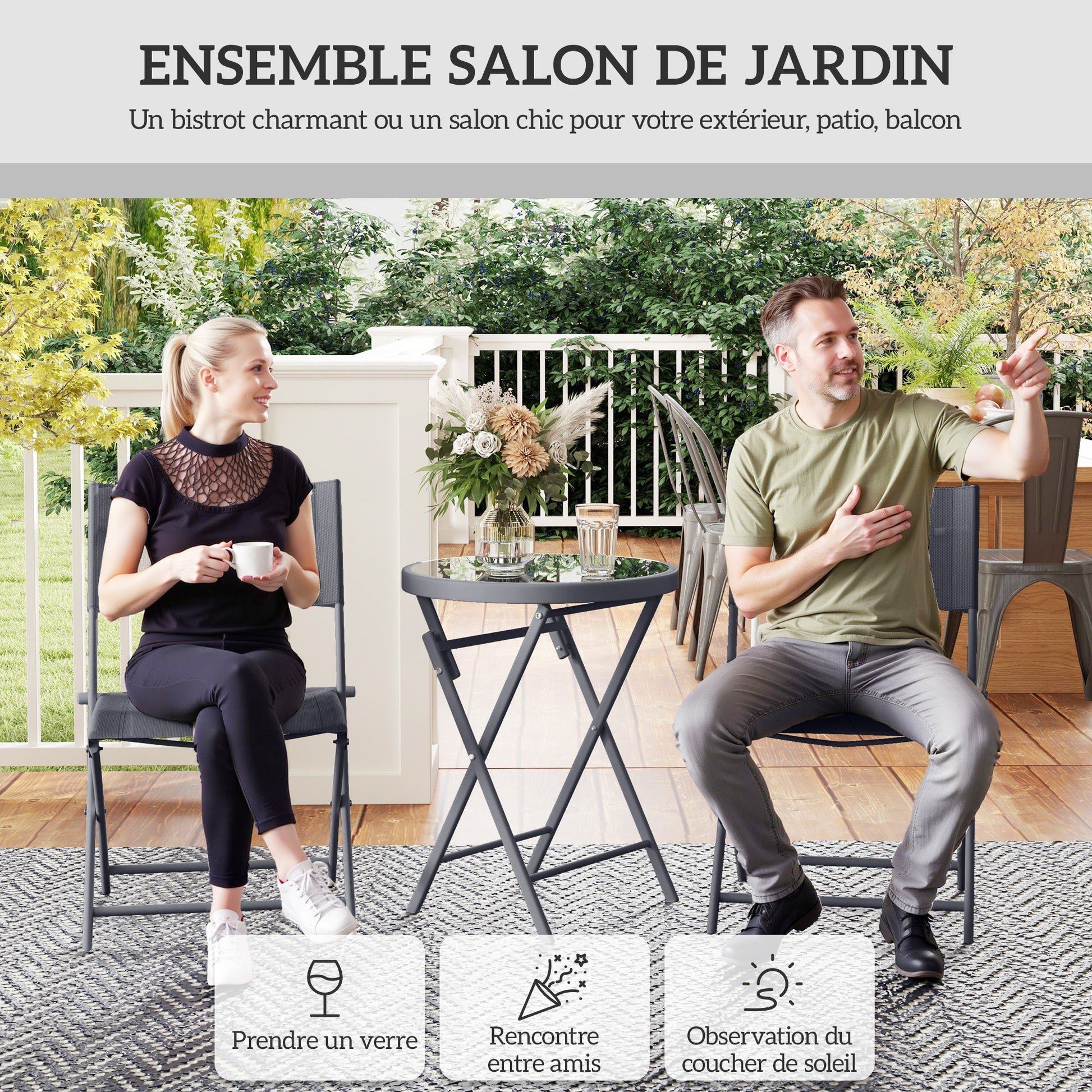 3-Piece Metal Foldable Bistro Set, 2 Chairs and 1 Round Table, Outdoor Garden 2-Person Dining Set, Outdoor Garden Table with Chairs for Garden, Patio, Balcony, Gray