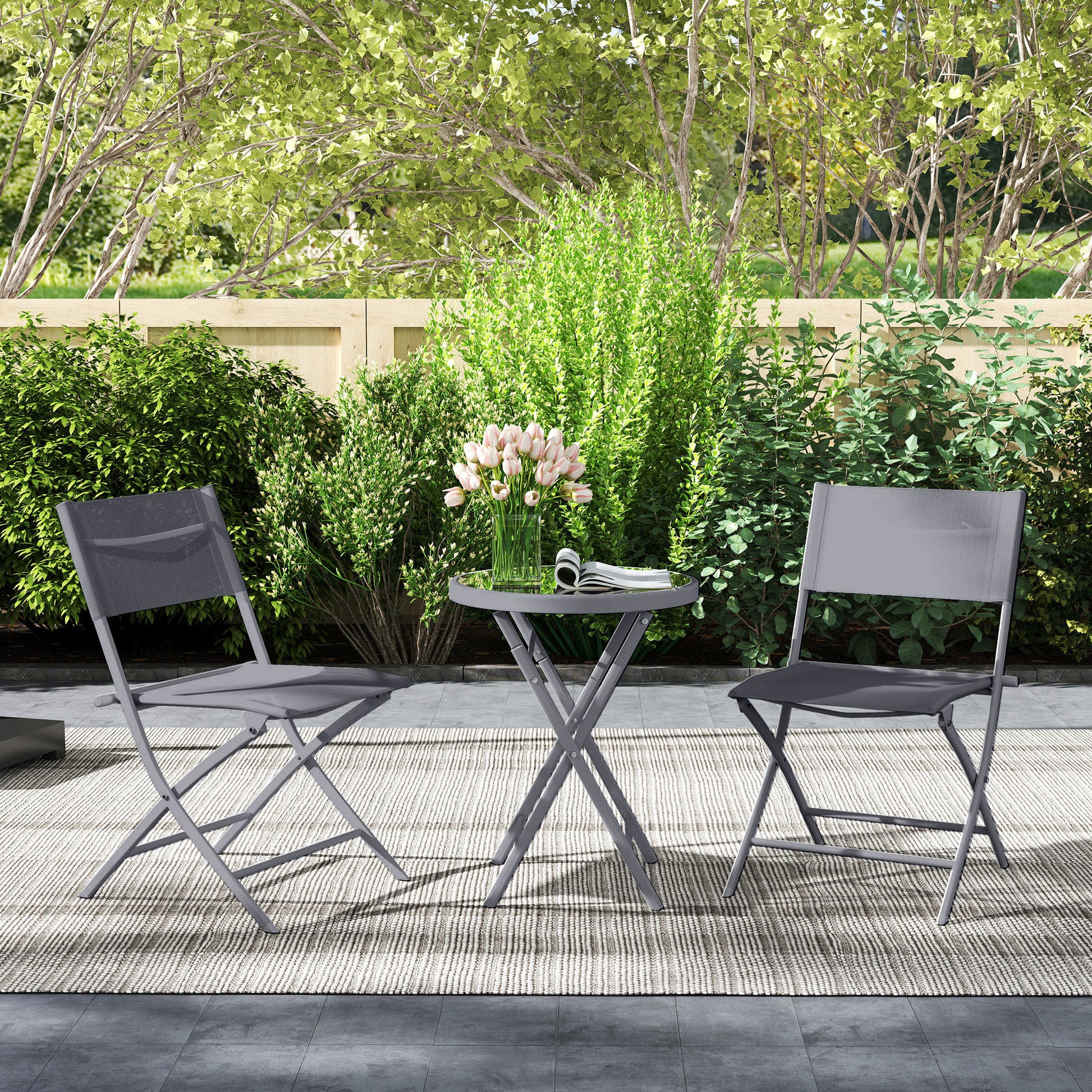 3-Piece Metal Foldable Bistro Set, 2 Chairs and 1 Round Table, Outdoor Garden 2-Person Dining Set, Outdoor Garden Table with Chairs for Garden, Patio, Balcony, Gray