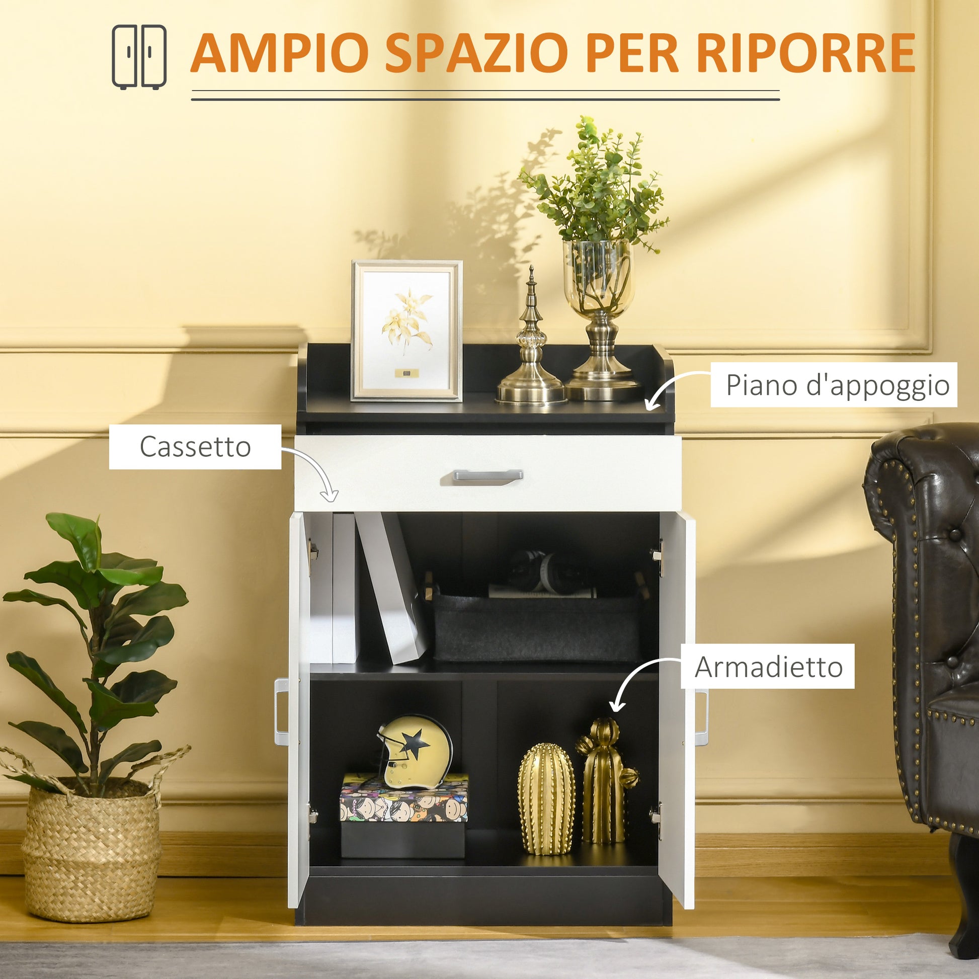 Wooden Cabinet with Drawer, Adjustable Shelf, Space-Saving Kitchen Cabinet, Living Room, and Entrance Hallway, in MDF wood, 60x40x90cm, Black and White