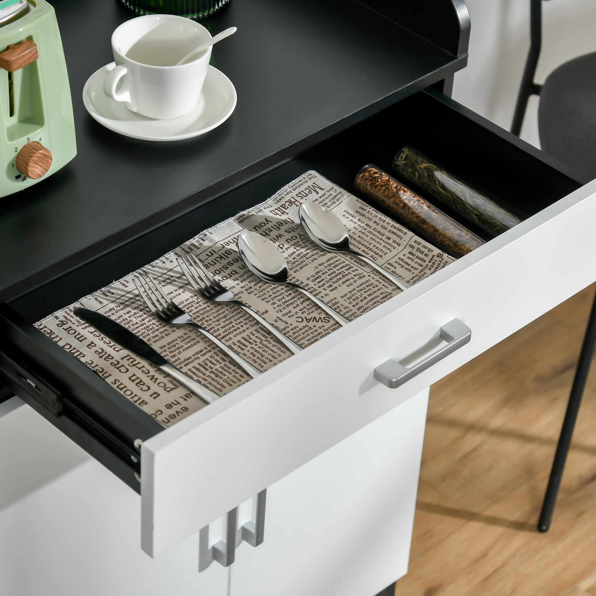 Wooden Cabinet with Drawer, Adjustable Shelf, Space-Saving Kitchen Cabinet, Living Room, and Entrance Hallway, in MDF wood, 60x40x90cm, Black and White