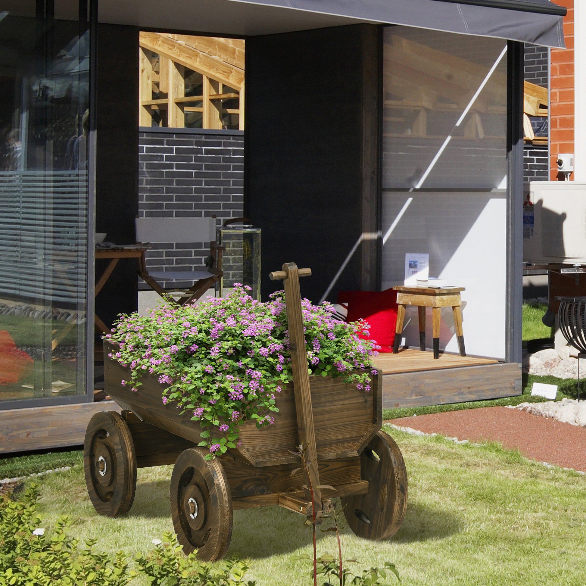 Raised Bed in Wooden Cart Design, Flower Box Wood, Plant Cart, Plant Stand for Garden and Terrace, Supports up to 50 kg, Charcoal, 120 x 53 x 55 cm