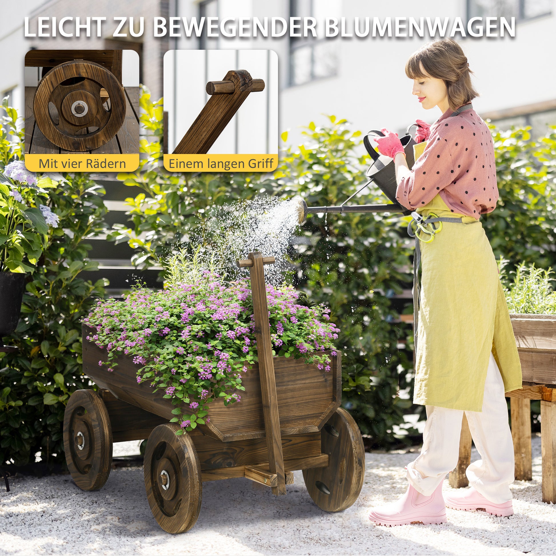 Raised Bed in Wooden Cart Design, Flower Box Wood, Plant Cart, Plant Stand for Garden and Terrace, Supports up to 50 kg, Charcoal, 120 x 53 x 55 cm