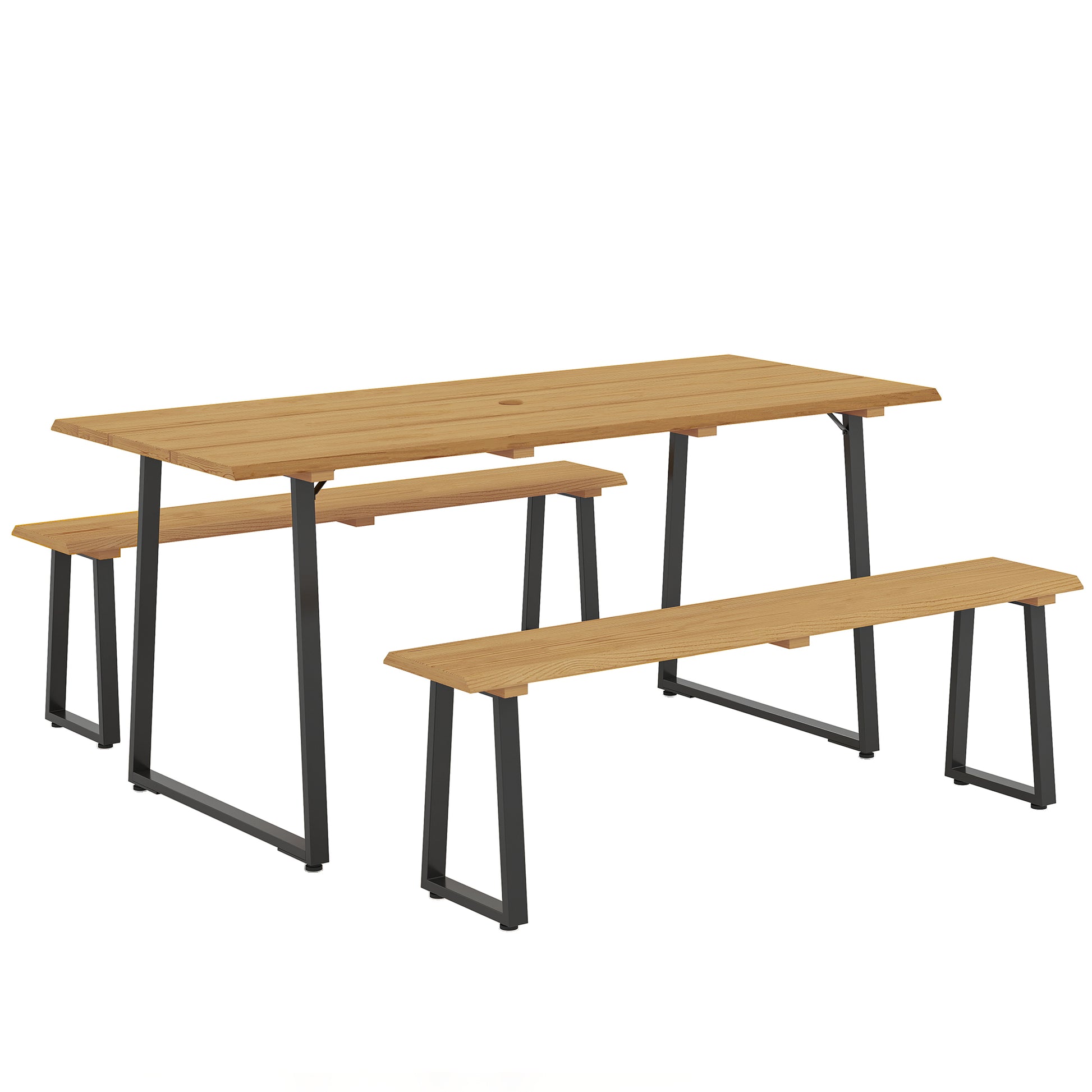 3-Piece Wooden Dining Group for 6 People Dining Table with 2 Benches Umbrella Hole Dining Group with Wooden Table Kitchen Table Set Balcony Furniture Garden Furniture for Terrace, Balcony Natural Wood