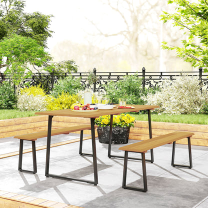 3-Piece Wooden Dining Group for 6 People Dining Table with 2 Benches Umbrella Hole Dining Group with Wooden Table Kitchen Table Set Balcony Furniture Garden Furniture for Terrace, Balcony Natural Wood