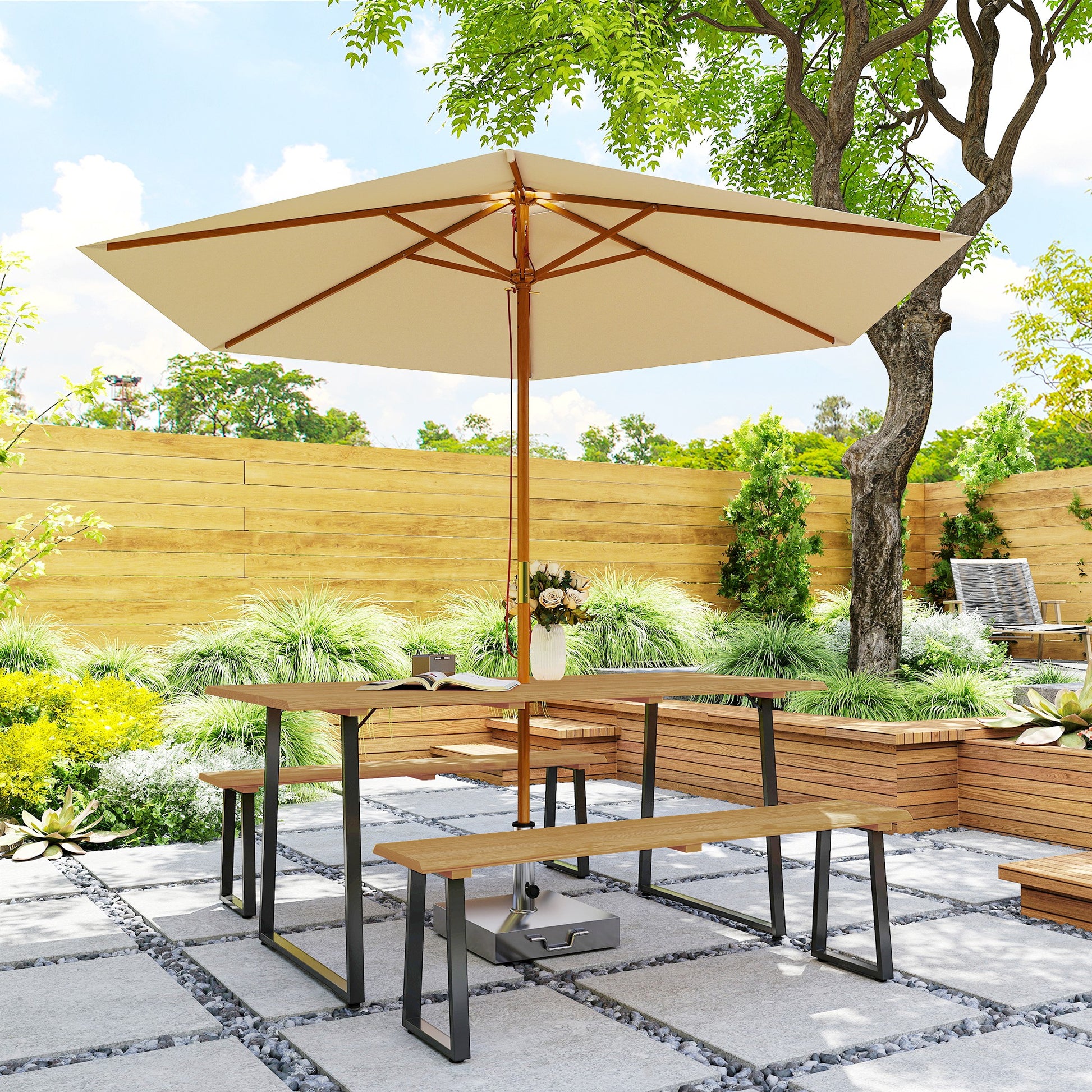 3-Piece Wooden Dining Group for 6 People Dining Table with 2 Benches Umbrella Hole Dining Group with Wooden Table Kitchen Table Set Balcony Furniture Garden Furniture for Terrace, Balcony Natural Wood