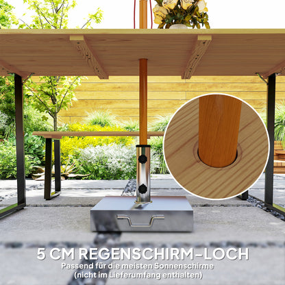 3-Piece Wooden Dining Group for 6 People Dining Table with 2 Benches Umbrella Hole Dining Group with Wooden Table Kitchen Table Set Balcony Furniture Garden Furniture for Terrace, Balcony Natural Wood