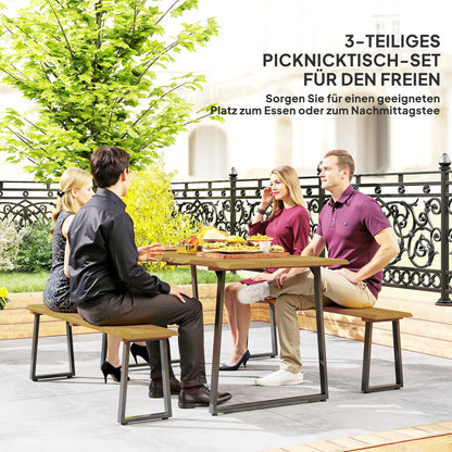 3-Piece Wooden Dining Group for 6 People Dining Table with 2 Benches Umbrella Hole Dining Group with Wooden Table Kitchen Table Set Balcony Furniture Garden Furniture for Terrace, Balcony Natural Wood