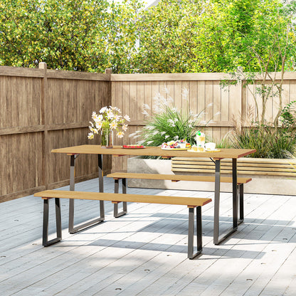 3-Piece Wooden Dining Group for 6 People Dining Table with 2 Benches Umbrella Hole Dining Group with Wooden Table Kitchen Table Set Balcony Furniture Garden Furniture for Terrace, Balcony Natural Wood