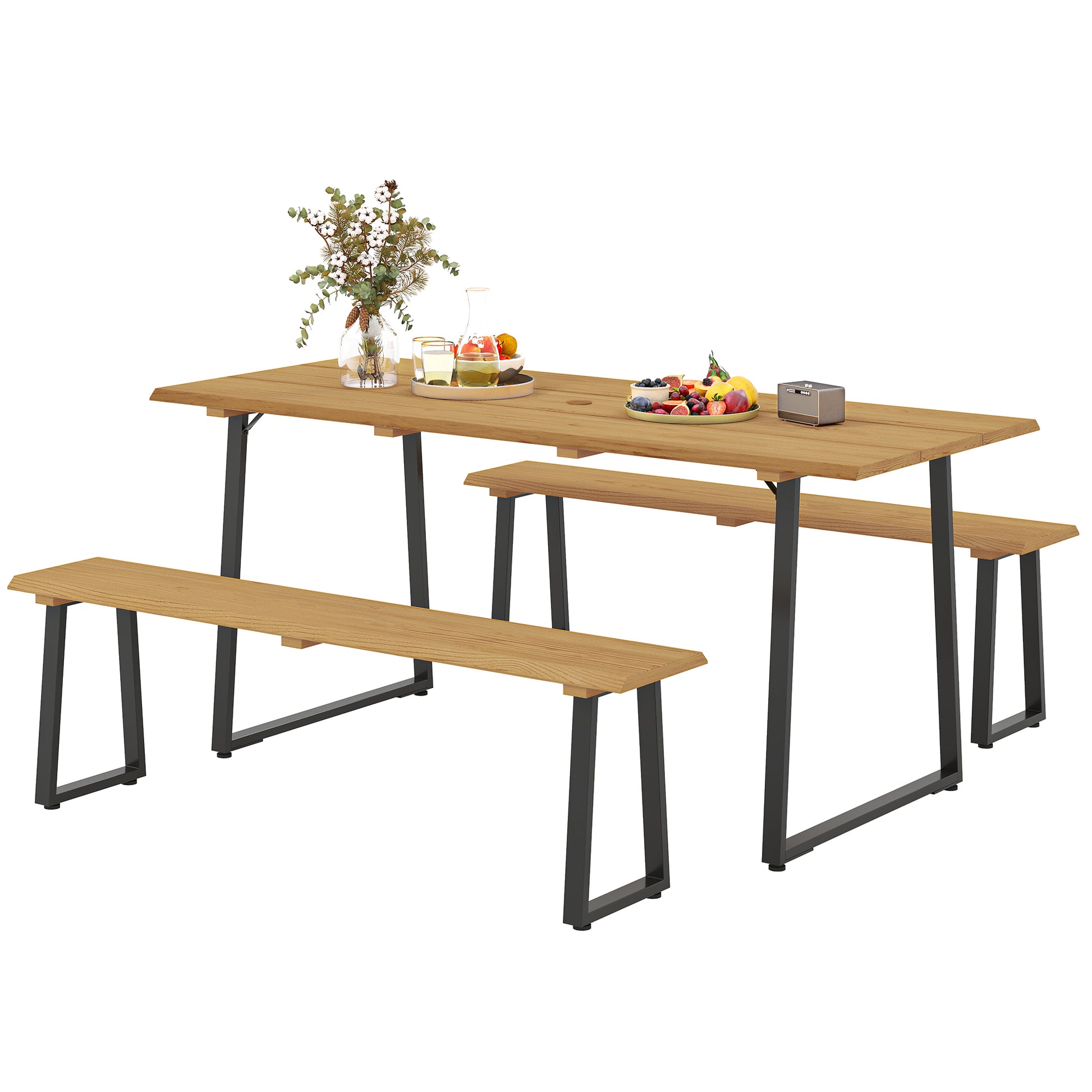 3-Piece Wooden Dining Group for 6 People Dining Table with 2 Benches Umbrella Hole Dining Group with Wooden Table Kitchen Table Set Balcony Furniture Garden Furniture for Terrace, Balcony Natural Wood