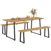 3-Piece Wooden Dining Group for 6 People Dining Table with 2 Benches Umbrella Hole Dining Group with Wooden Table Kitchen Table Set Balcony Furniture Garden Furniture for Terrace, Balcony Natural Wood