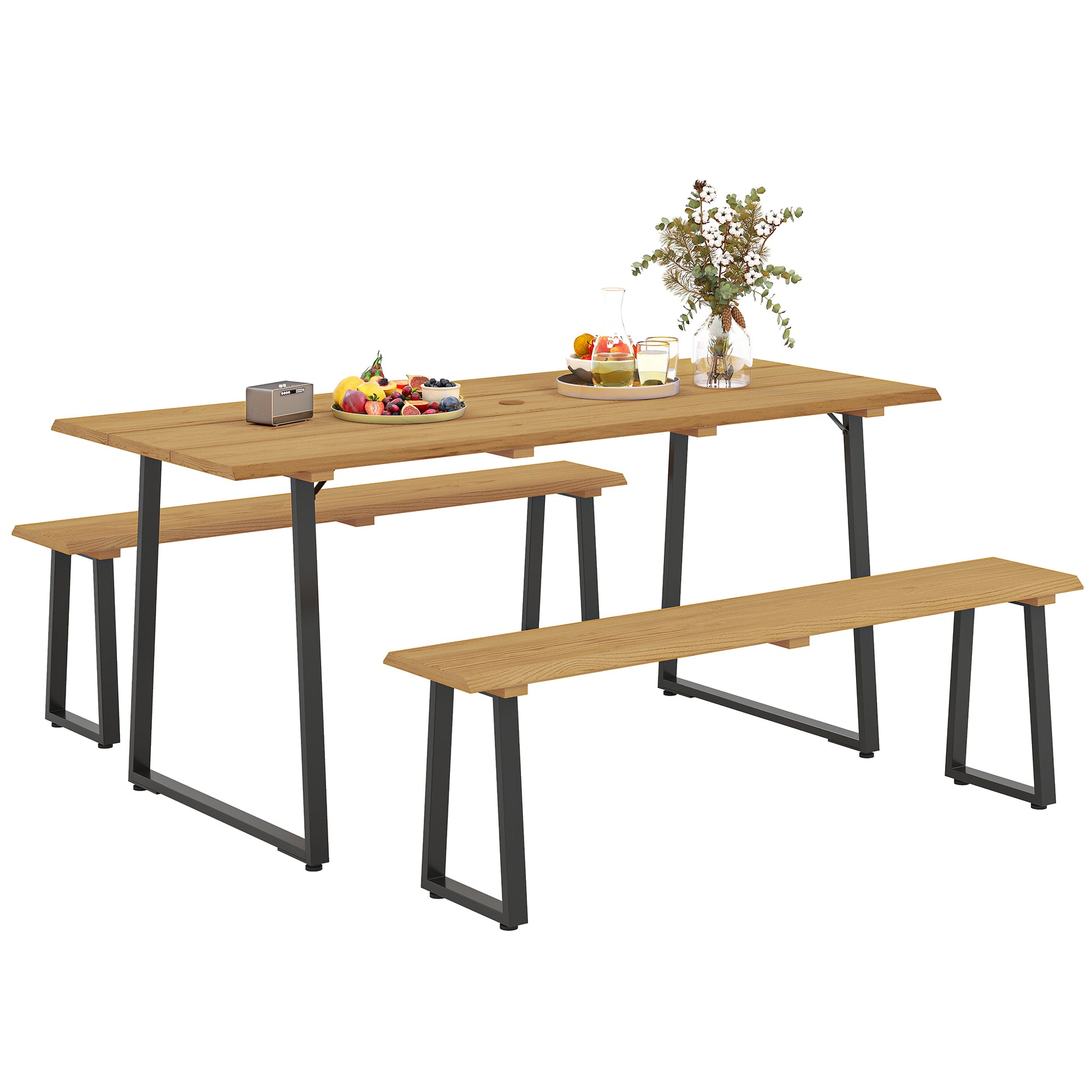 3-Piece Wooden Dining Group for 6 People Dining Table with 2 Benches Umbrella Hole Dining Group with Wooden Table Kitchen Table Set Balcony Furniture Garden Furniture for Terrace, Balcony Natural Wood