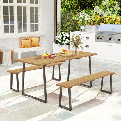 3-Piece Wooden Dining Group for 6 People Dining Table with 2 Benches Umbrella Hole Dining Group with Wooden Table Kitchen Table Set Balcony Furniture Garden Furniture for Terrace, Balcony Natural Wood