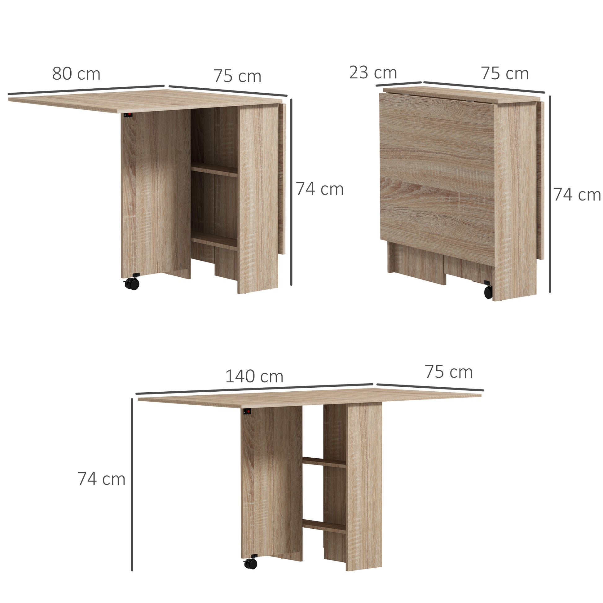 Folding Dining Table Folding Kitchen Table with Wheels Folding Wings and Shelves for 4-6 People 75x140x74 cm Natural