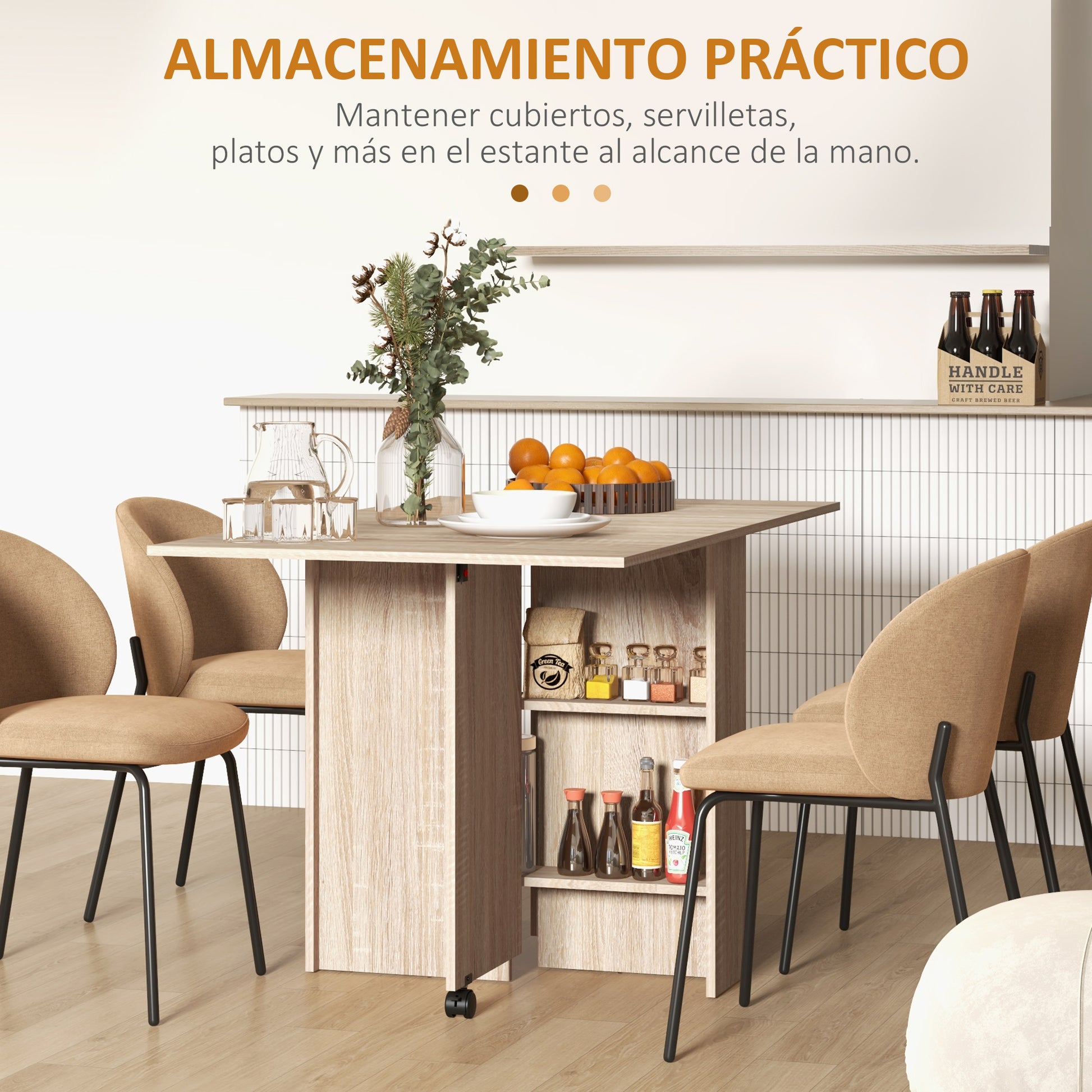 Folding Dining Table Folding Kitchen Table with Wheels Folding Wings and Shelves for 4-6 People 75x140x74 cm Natural