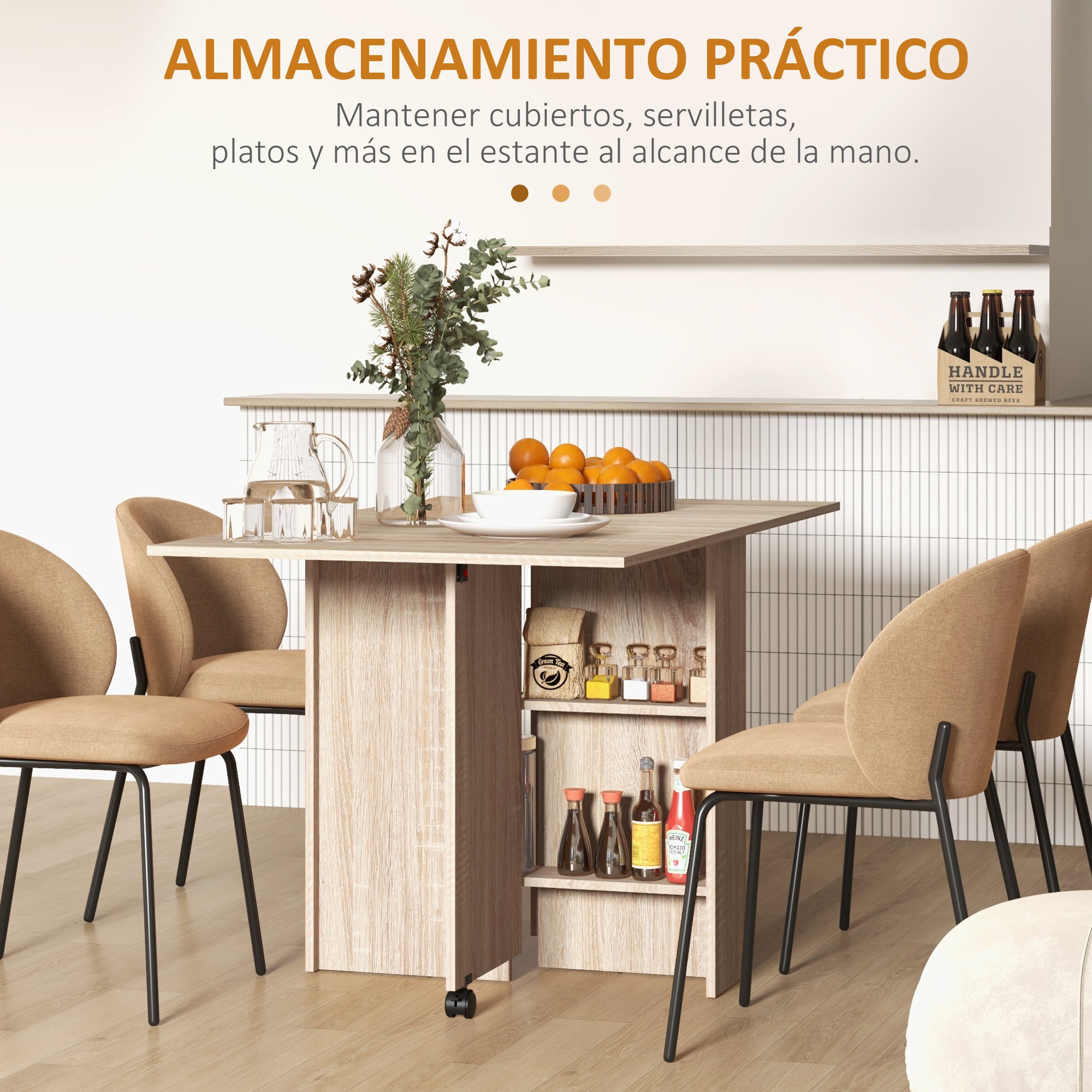 Folding Dining Table Folding Kitchen Table with Wheels Folding Wings and Shelves for 4-6 People 75x140x74 cm Natural
