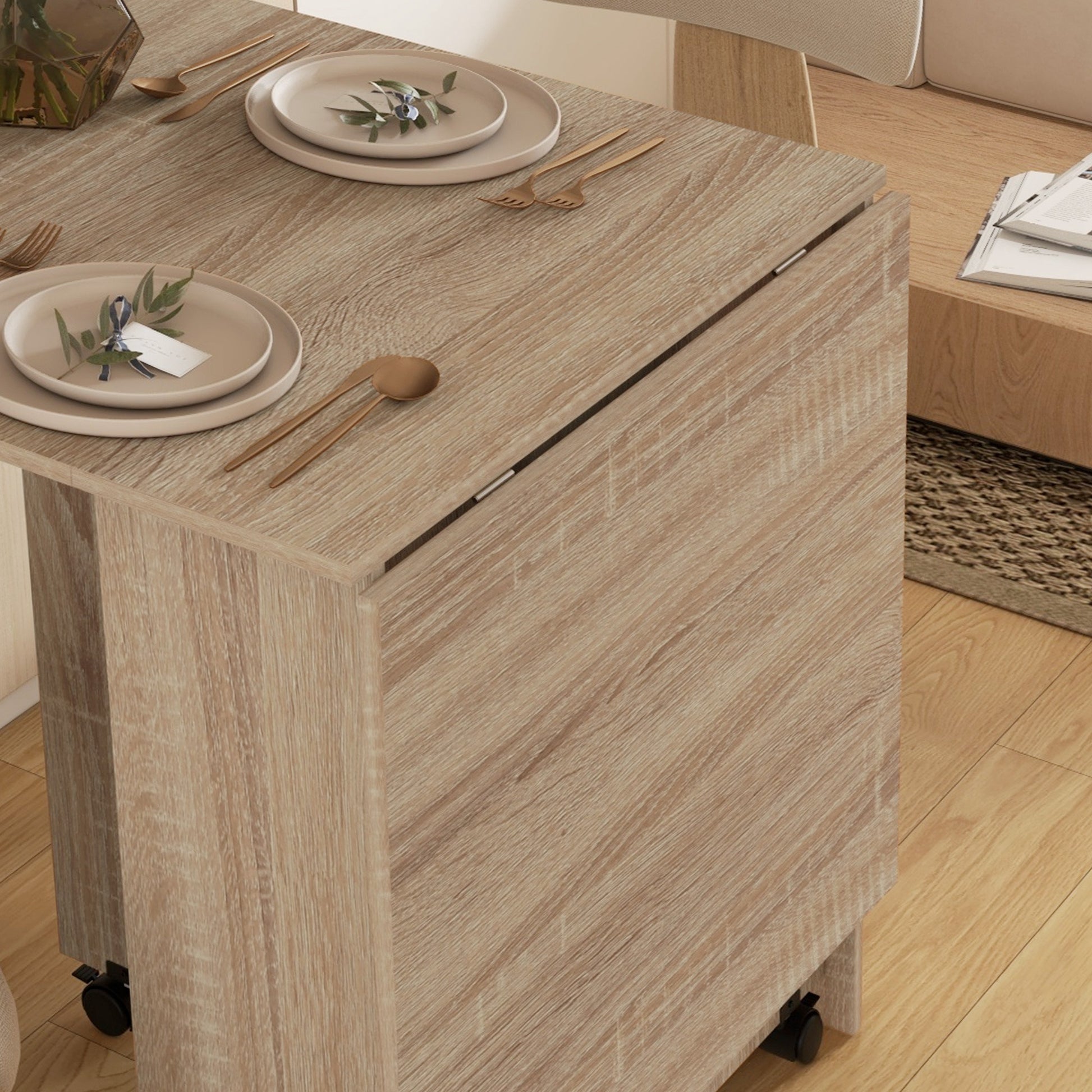 Folding Dining Table Folding Kitchen Table with Wheels Folding Wings and Shelves for 4-6 People 75x140x74 cm Natural