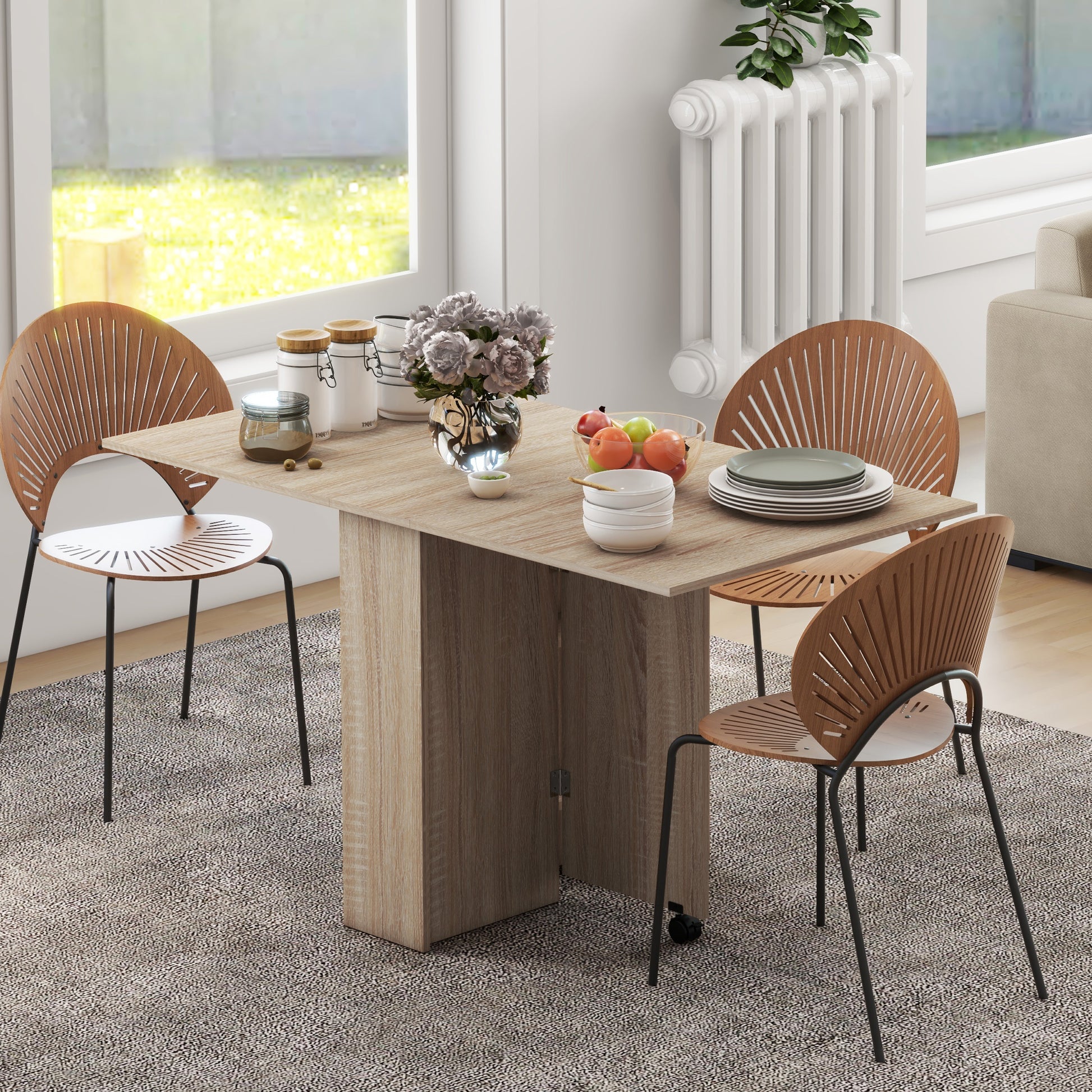 Folding Dining Table Folding Kitchen Table with Wheels Folding Wings and Shelves for 4-6 People 75x140x74 cm Natural