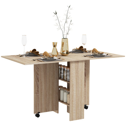 Folding Dining Table Folding Kitchen Table with Wheels Folding Wings and Shelves for 4-6 People 75x140x74 cm Natural
