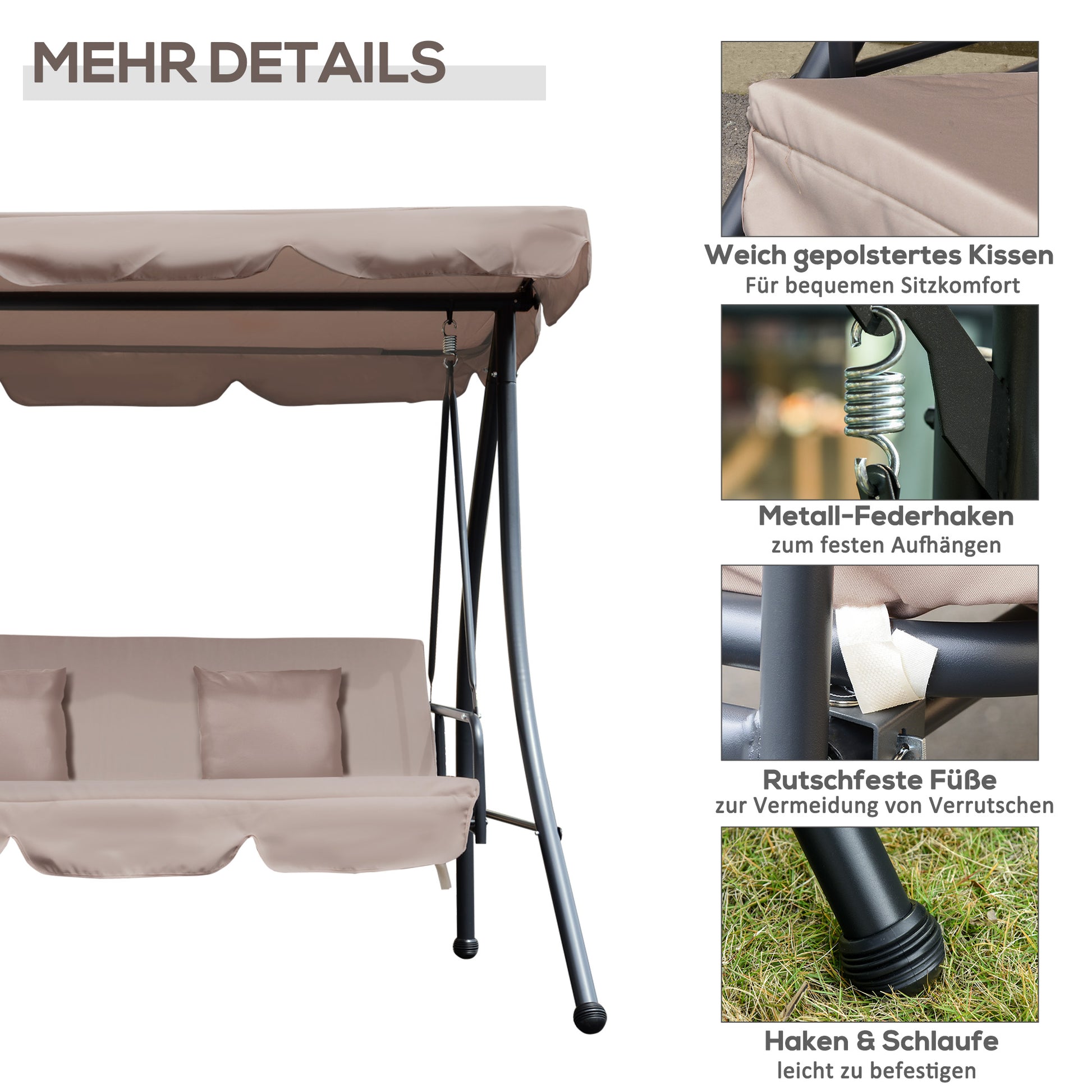 2 in 1 Hollywood Swing with Reclining Function, 3-Seater Garden Swing with Adjustable Sunroof Cushions, Swing Bench supports up to 340kg, Garden Lounger for Garden Terrace 200x125x170cm Beige