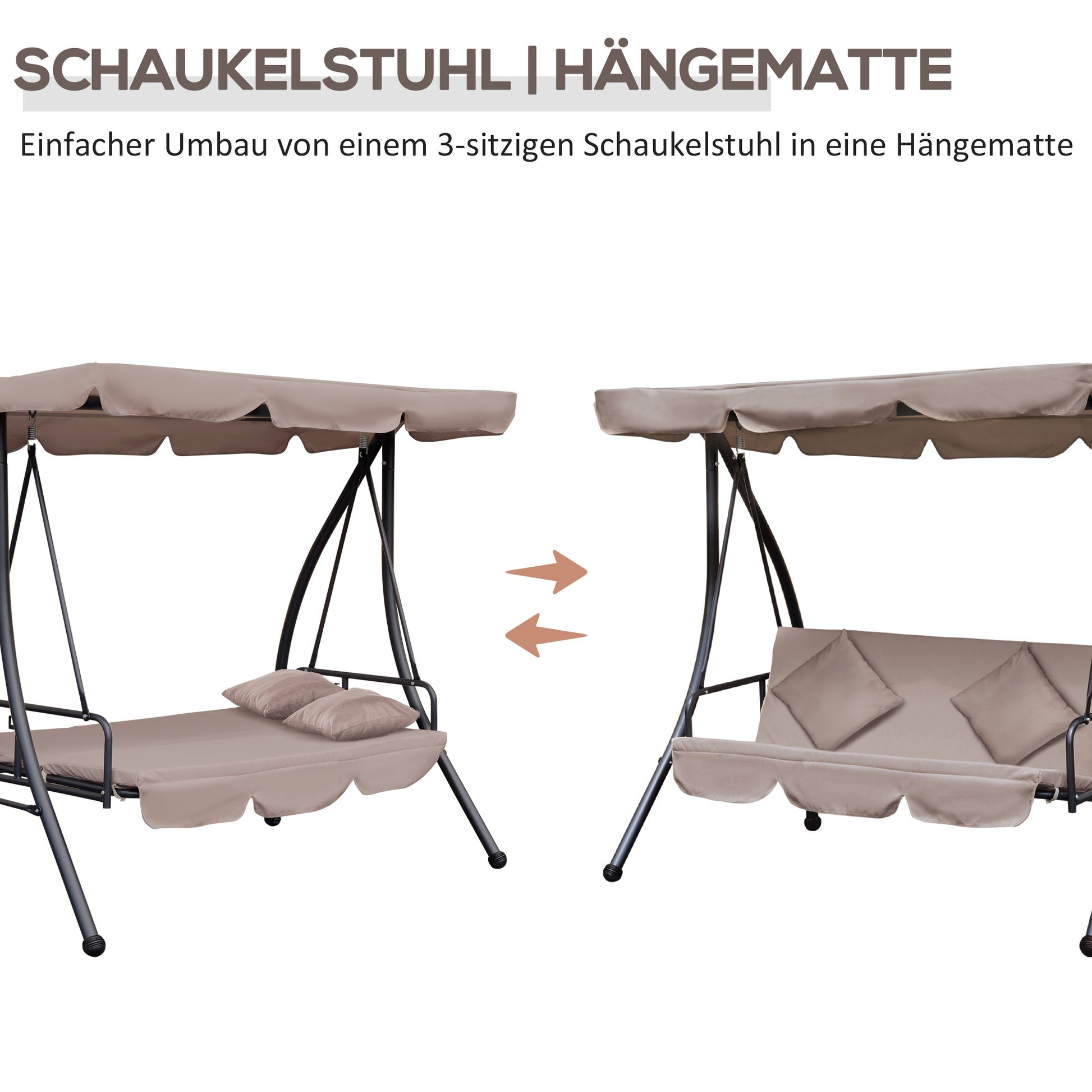 2 in 1 Hollywood Swing with Reclining Function, 3-Seater Garden Swing with Adjustable Sunroof Cushions, Swing Bench supports up to 340kg, Garden Lounger for Garden Terrace 200x125x170cm Beige