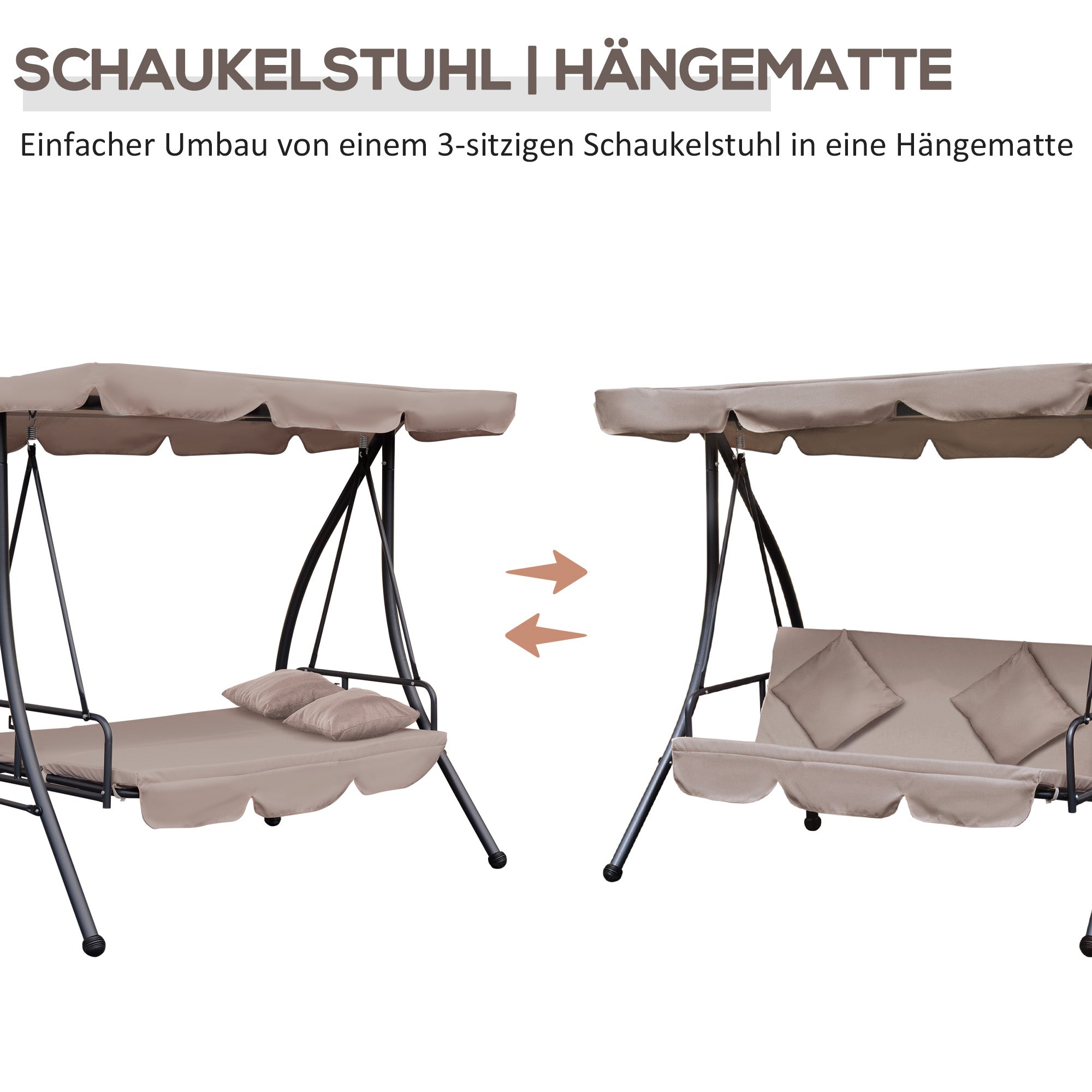 2 in 1 Hollywood Swing with Reclining Function, 3-Seater Garden Swing with Adjustable Sunroof Cushions, Swing Bench supports up to 340kg, Garden Lounger for Garden Terrace 200x125x170cm Beige