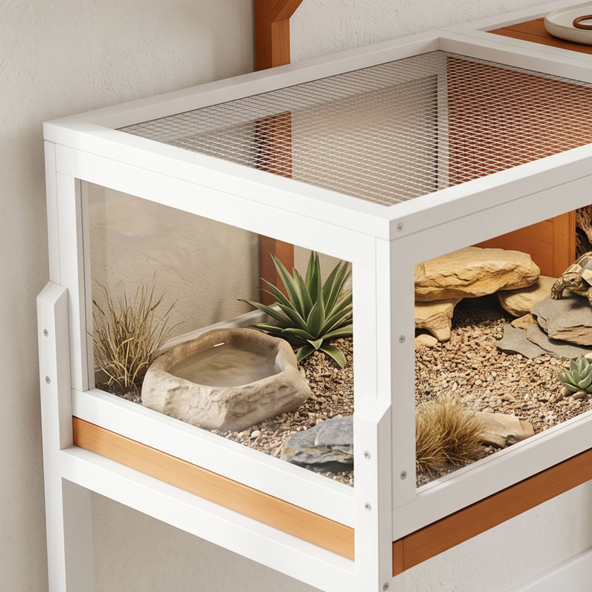 Raised Wooden Turtle Hutch with Viewing Window, Flip-Top Lid, Lamp Holder & Food Bowl – Indoor/Outdoor Enclosure, White & Orange, 104 x 53 x 82 cm (40.9 x 20.9 x 32.3 in)