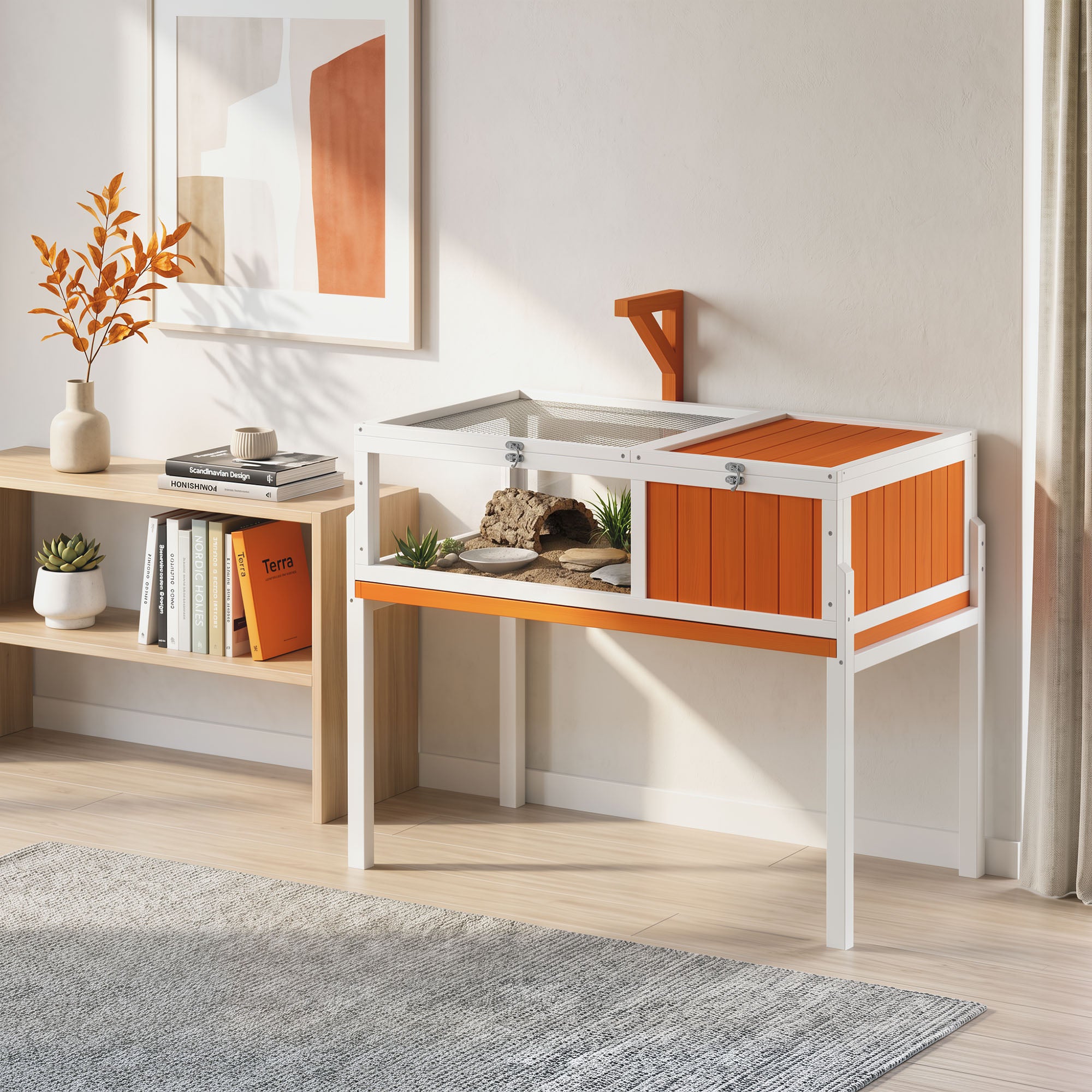 Raised Wooden Turtle Hutch with Viewing Window, Flip-Top Lid, Lamp Holder & Food Bowl – Indoor/Outdoor Enclosure, White & Orange, 104 x 53 x 82 cm (40.9 x 20.9 x 32.3 in)