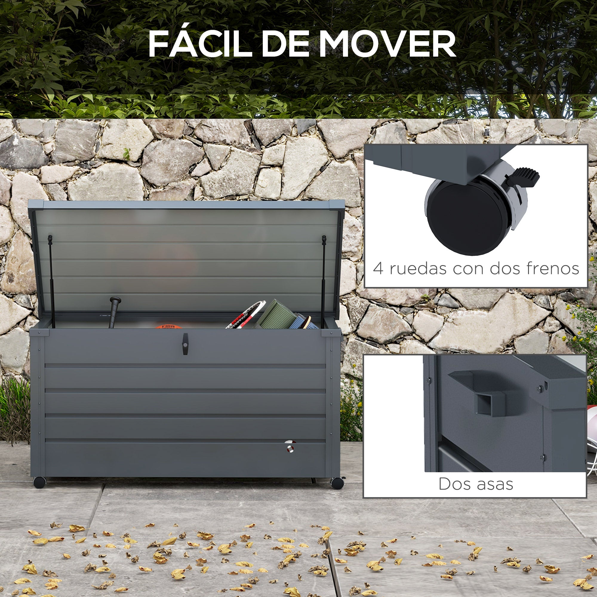 311 L Outdoor Storage Chest Galvanized Steel Storage Box with 4 Wheels 2 Handles and 1 Key Lock for Garden Patio 120x62x66 cm Dark Gray