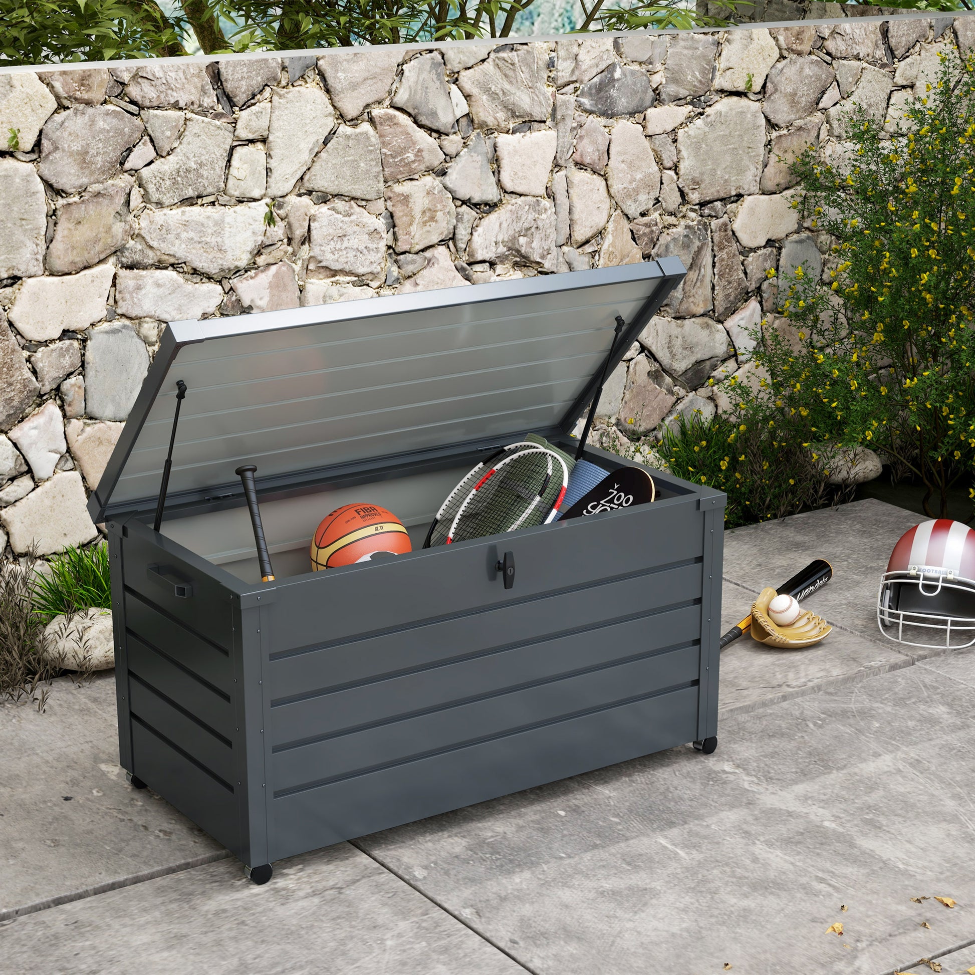 311 L Outdoor Storage Chest Galvanized Steel Storage Box with 4 Wheels 2 Handles and 1 Key Lock for Garden Patio 120x62x66 cm Dark Gray