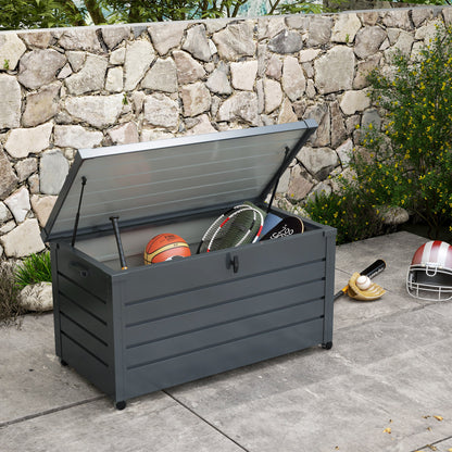 311 L Outdoor Storage Chest Galvanized Steel Storage Box with 4 Wheels 2 Handles and 1 Key Lock for Garden Patio 120x62x66 cm Dark Gray