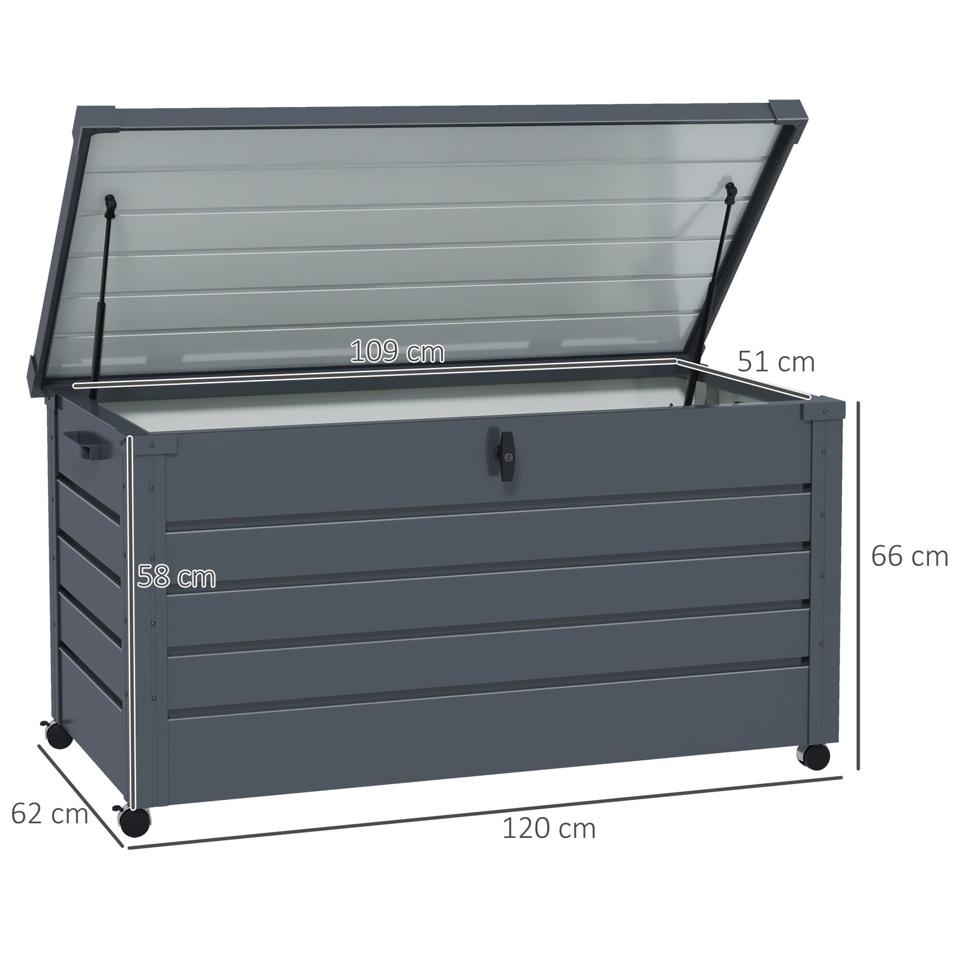 311 L Outdoor Storage Chest Galvanized Steel Storage Box with 4 Wheels 2 Handles and 1 Key Lock for Garden Patio 120x62x66 cm Dark Gray