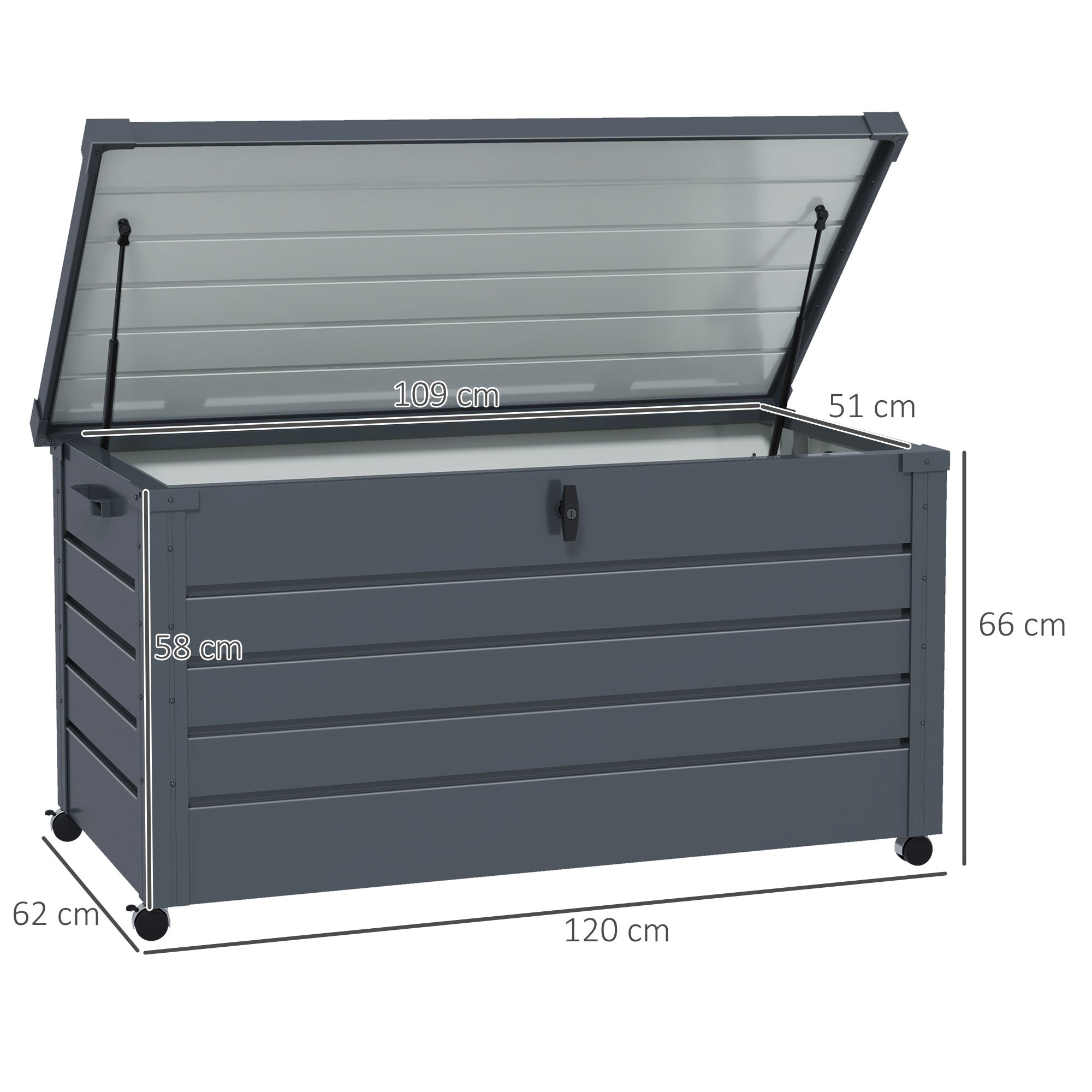 311 L Outdoor Storage Chest Galvanized Steel Storage Box with 4 Wheels 2 Handles and 1 Key Lock for Garden Patio 120x62x66 cm Dark Gray