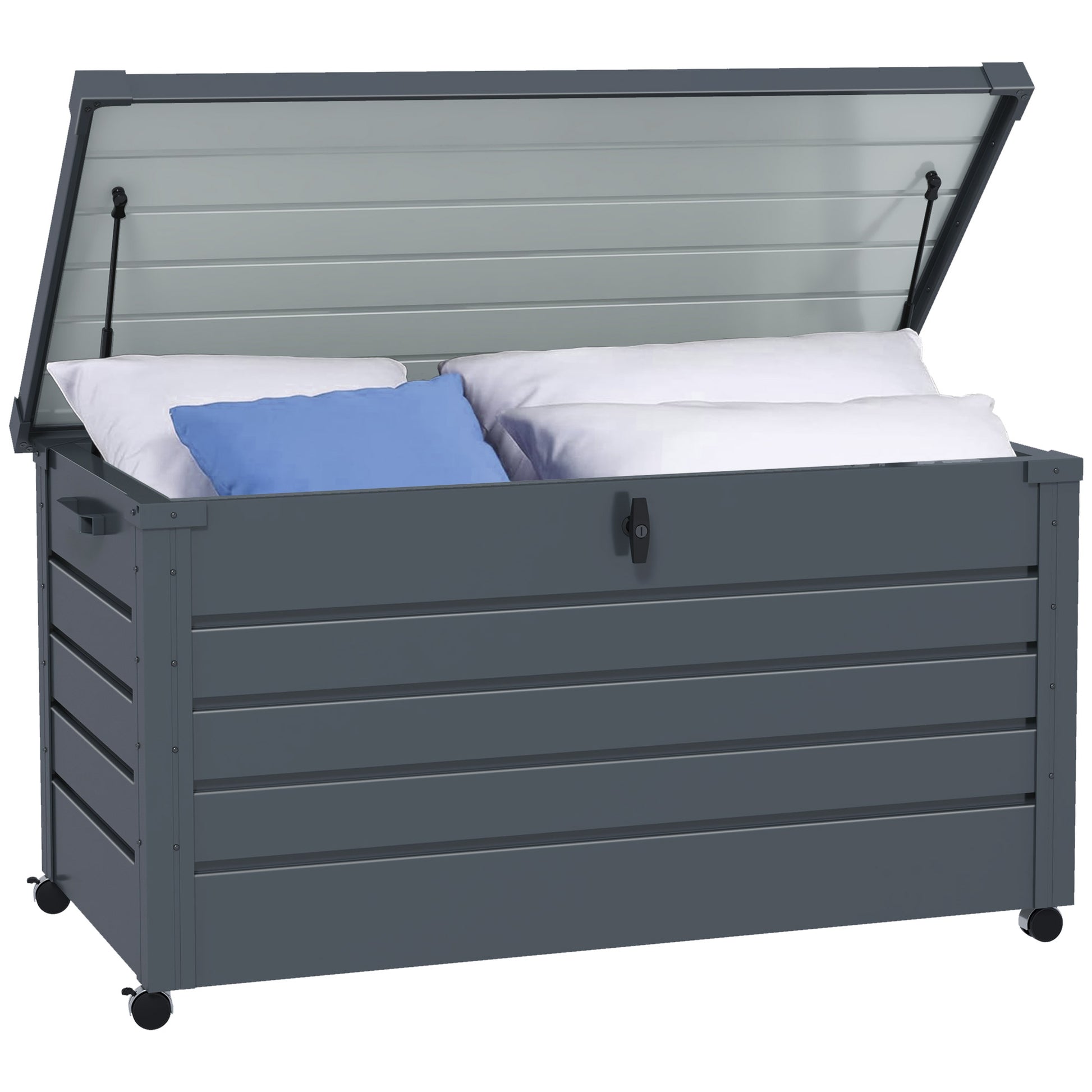 311 L Outdoor Storage Chest Galvanized Steel Storage Box with 4 Wheels 2 Handles and 1 Key Lock for Garden Patio 120x62x66 cm Dark Gray