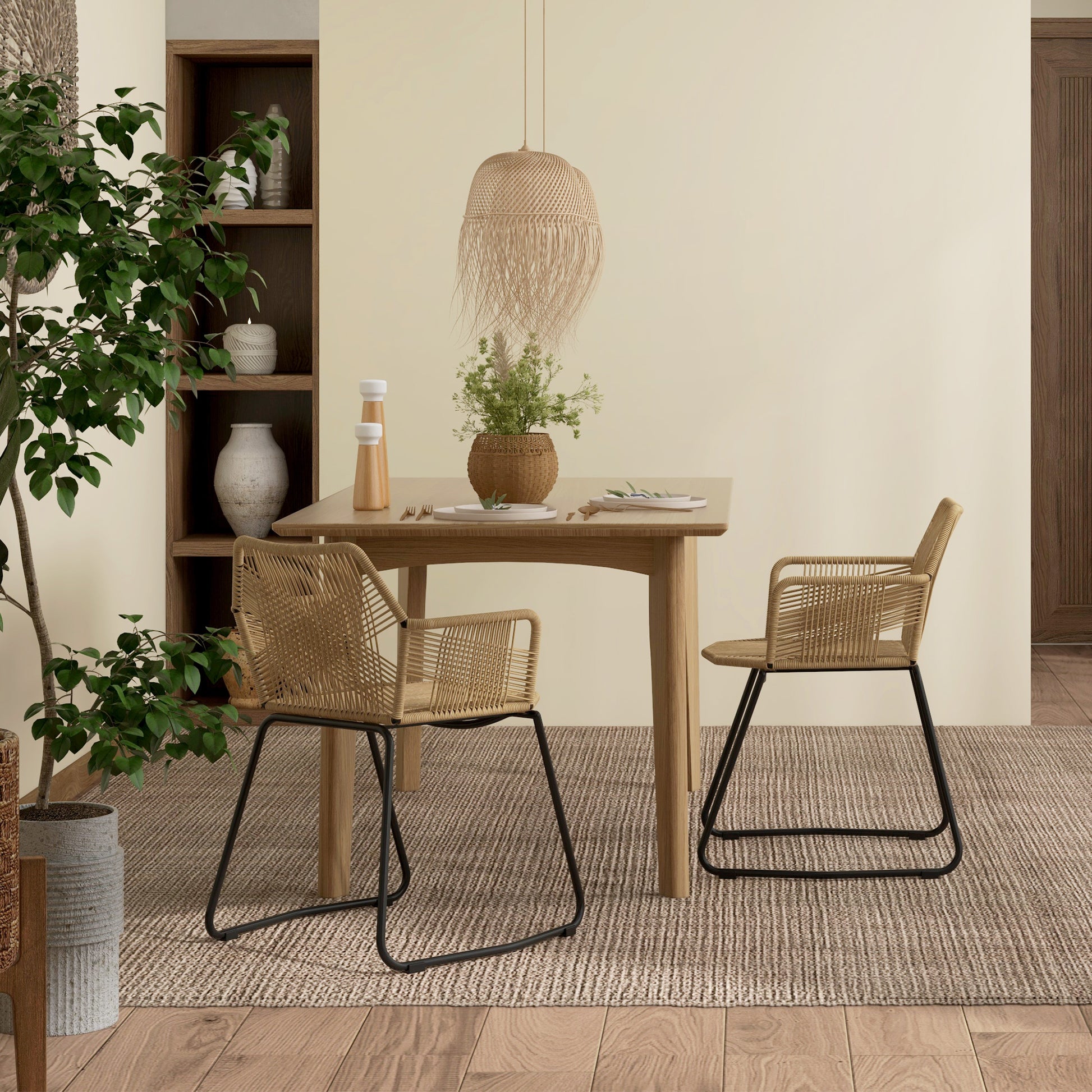 Set of 2 Dining Chairs Kitchen Chair Rattan Design Bohemian Style Steel Base 56 x 59 x 74 cm