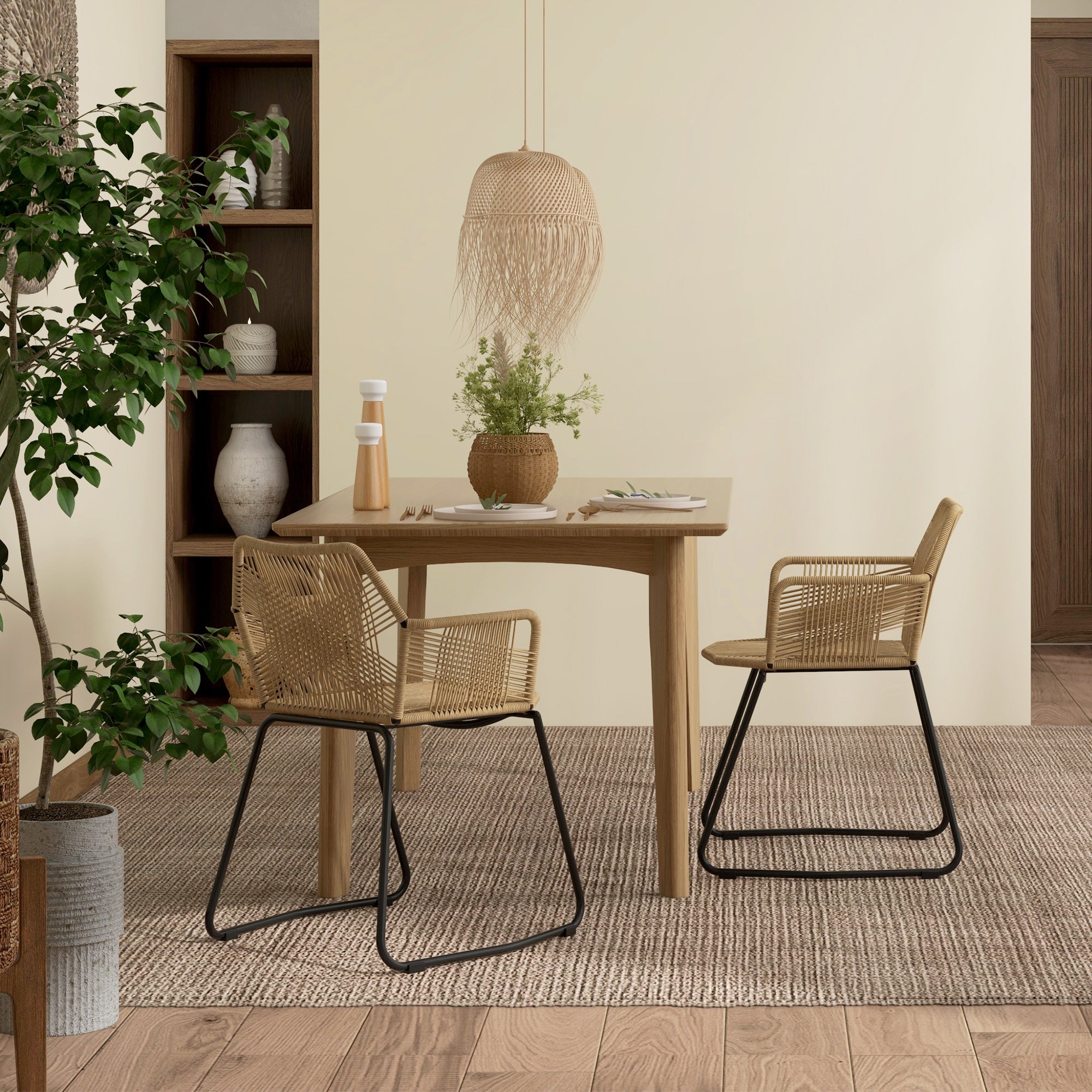 Set of 2 Dining Chairs Kitchen Chair Rattan Design Bohemian Style Steel Base 56 x 59 x 74 cm