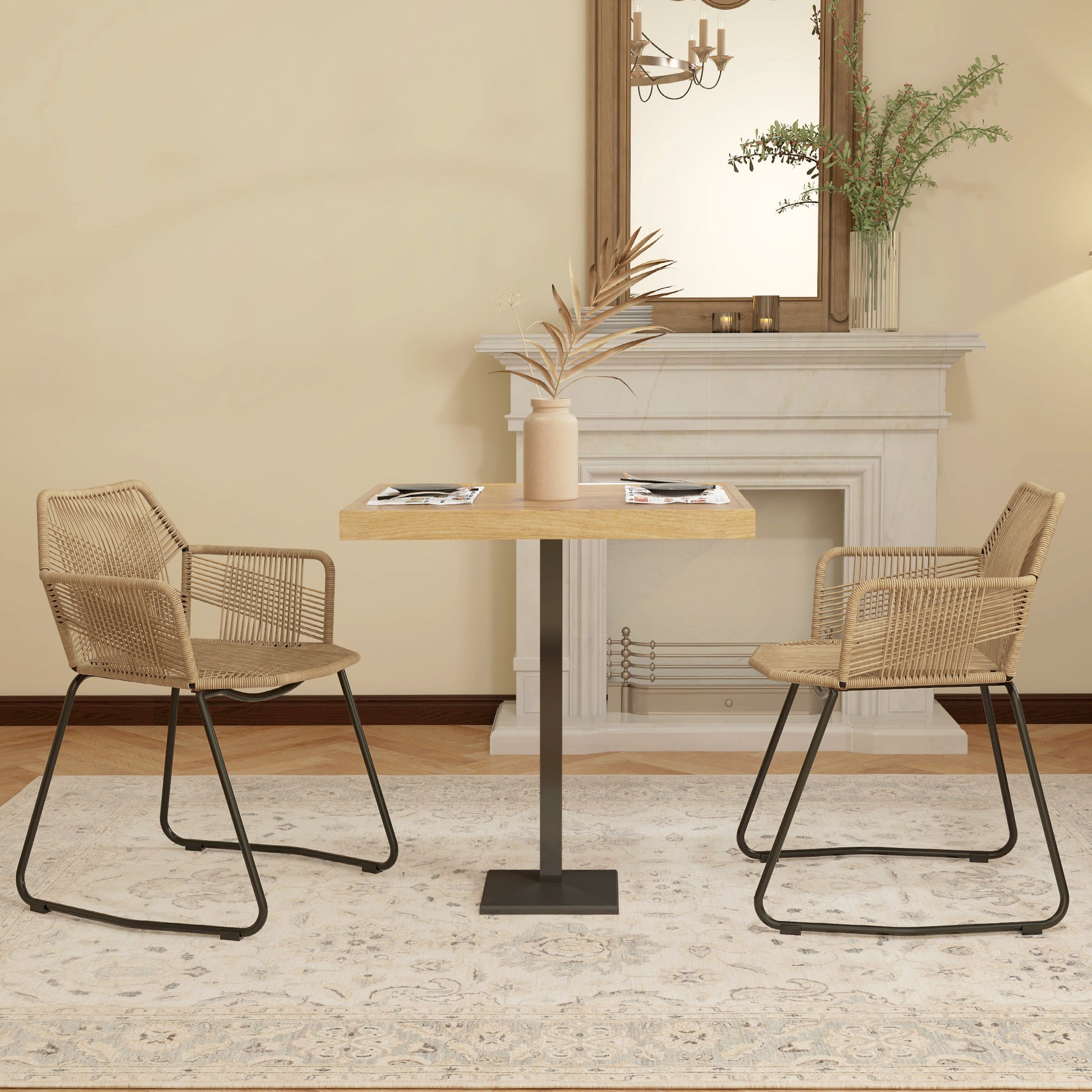 Set of 2 Dining Chairs Kitchen Chair Rattan Design Bohemian Style Steel Base 56 x 59 x 74 cm